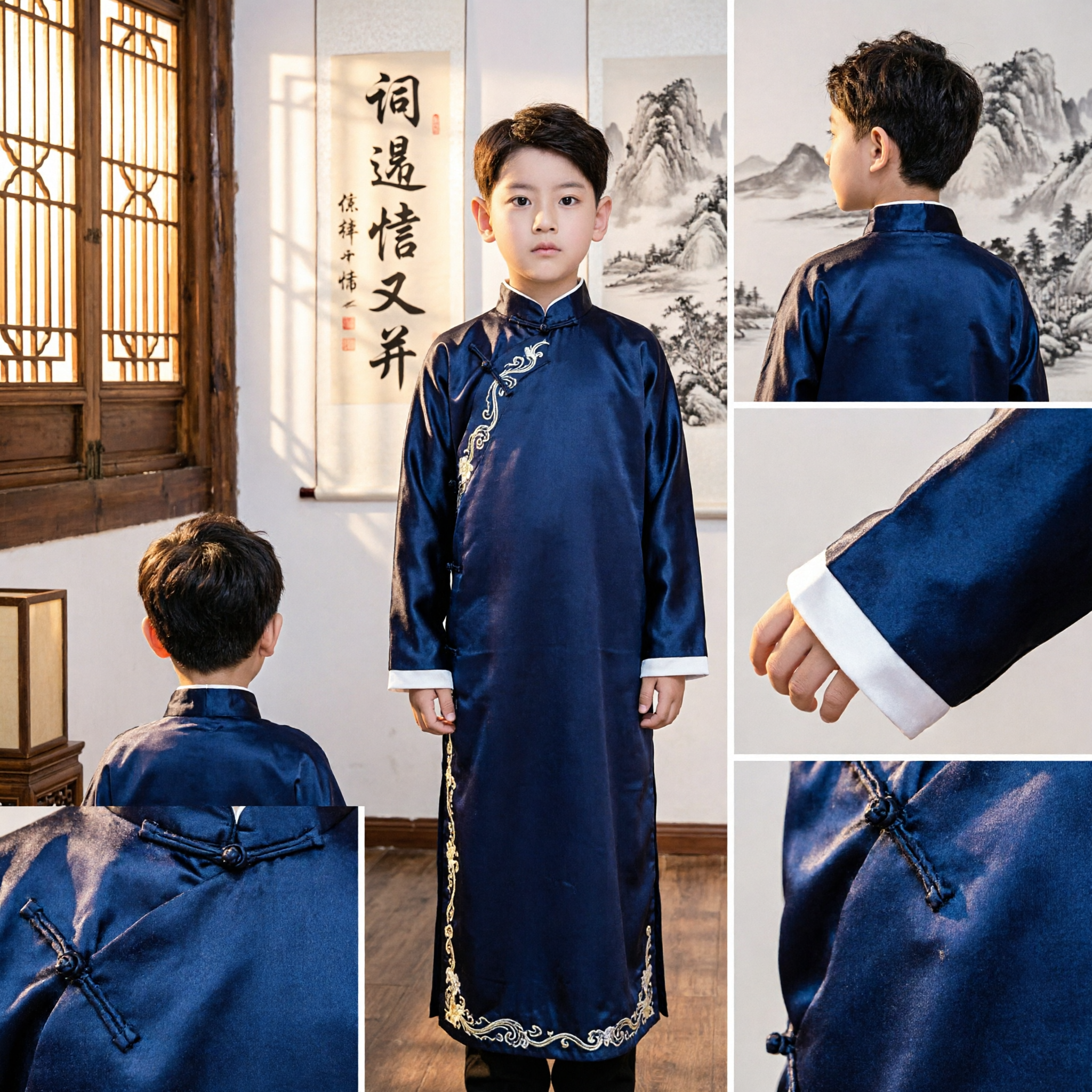 Traditional Chinese Navy Blue Changshan for Boys Kids Tang Suit Mandarin Collar Long Gown Performance Costume
