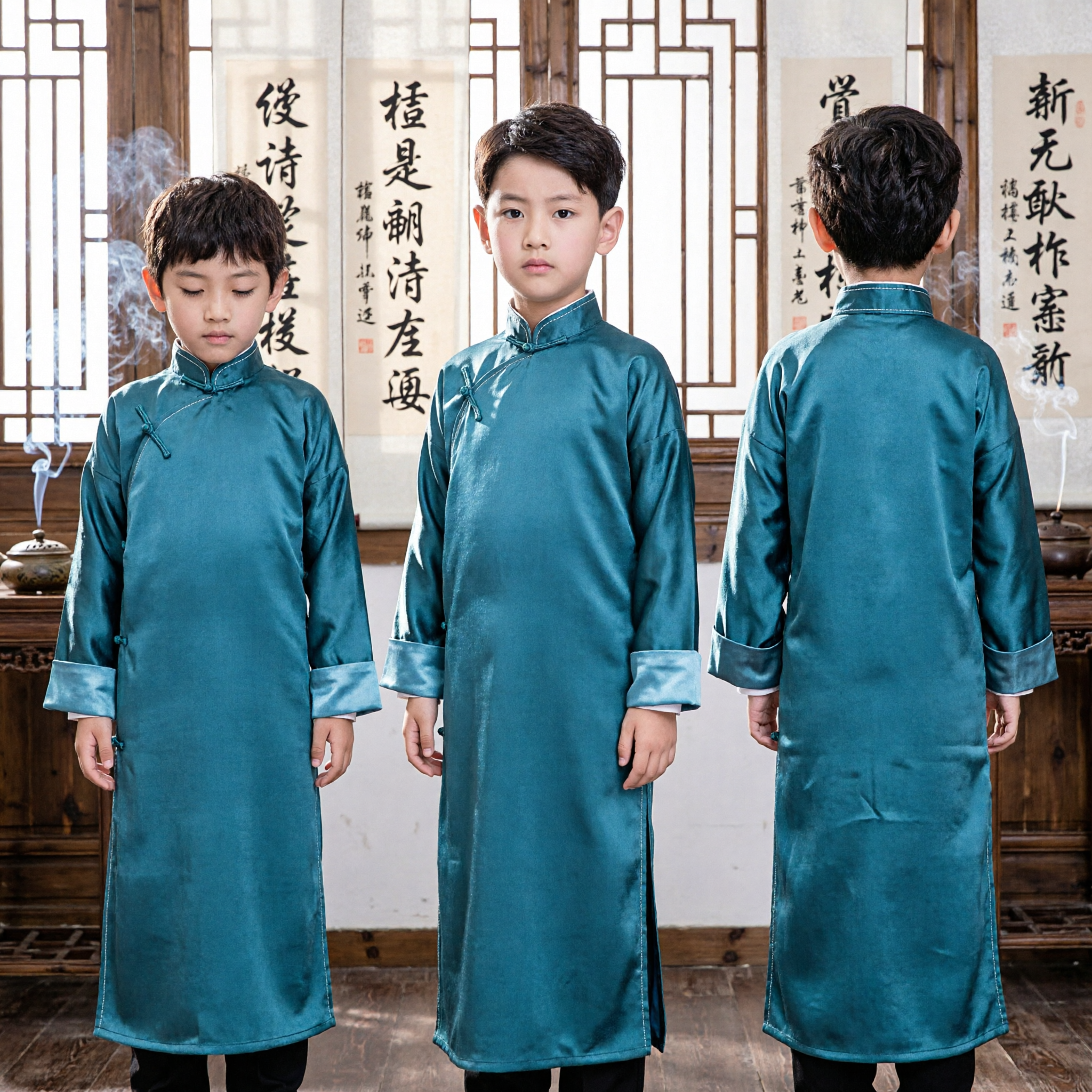 Boys Traditional Chinese Changshan Robe Mandarin Collar Long Gown Kids Costume for Festival Performance