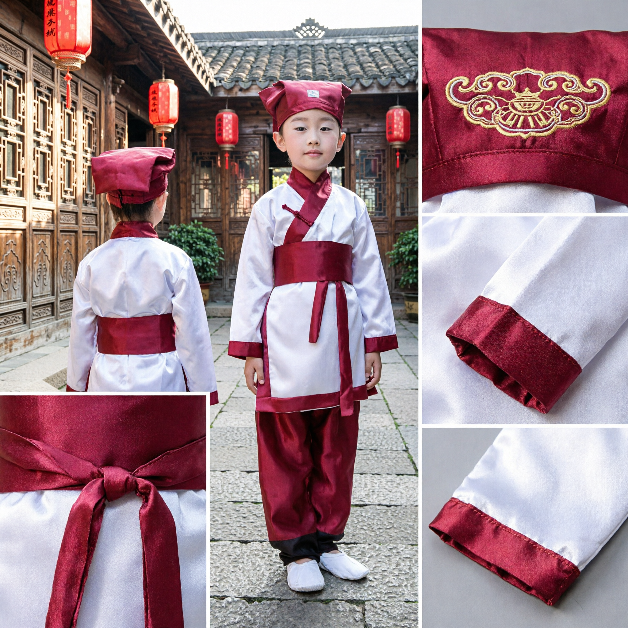 Kids Ancient Chinese Scholar Costume Traditional Red and White Hanfu Book Boy Outfit for Stage Performance
