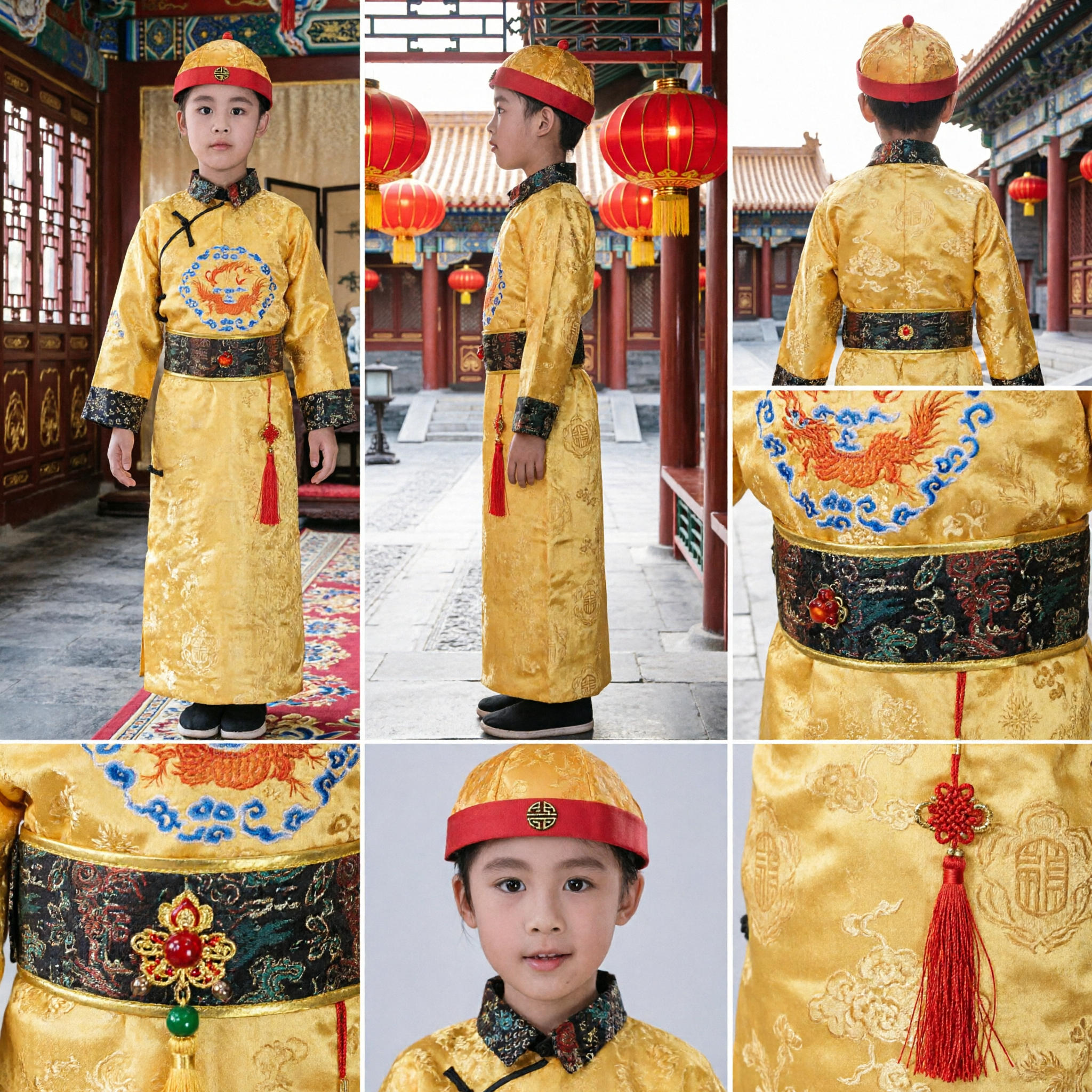 Kids Boys Traditional Chinese Qing Dynasty Emperor Costume Yellow Dragon Robe and Hat Set for Performance