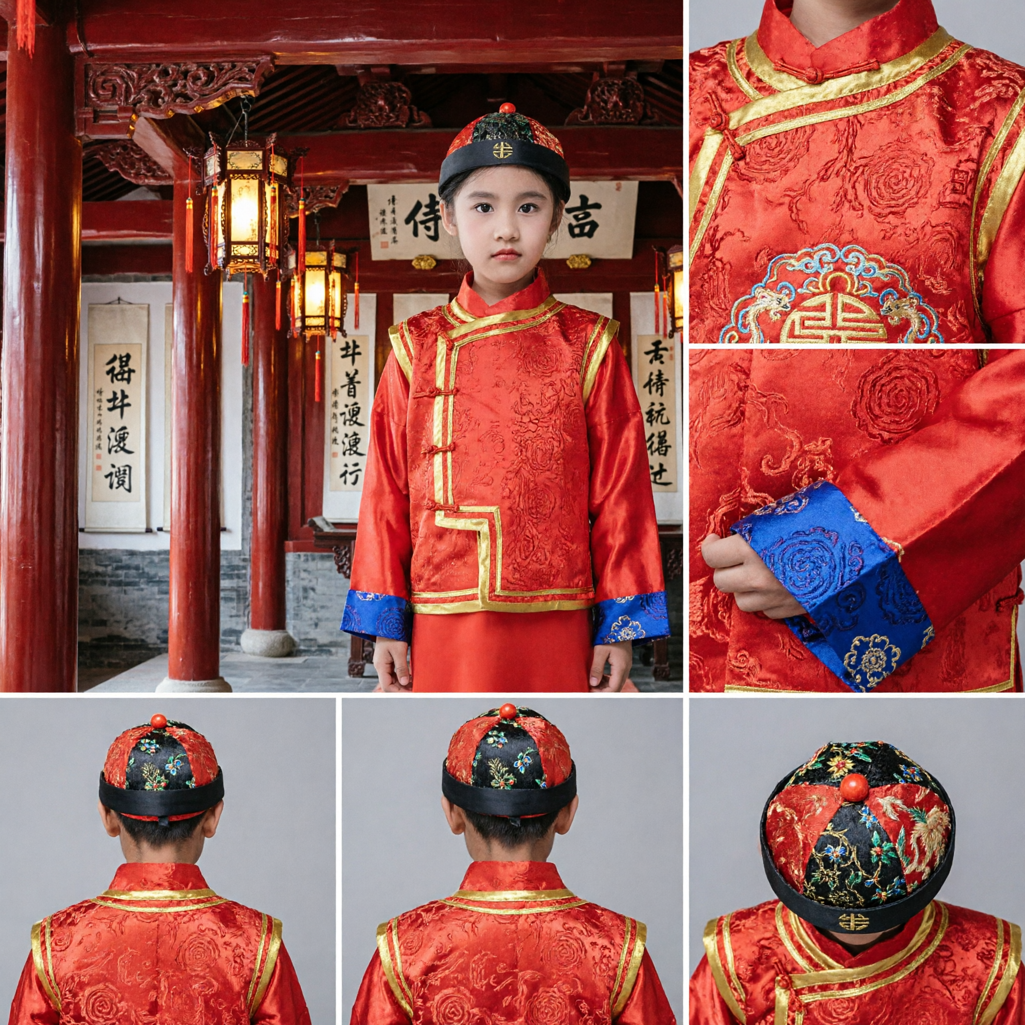 Traditional Chinese Kids Tang Suit Red Long Robe Vest Set for Lunar New Year Performance Costume
