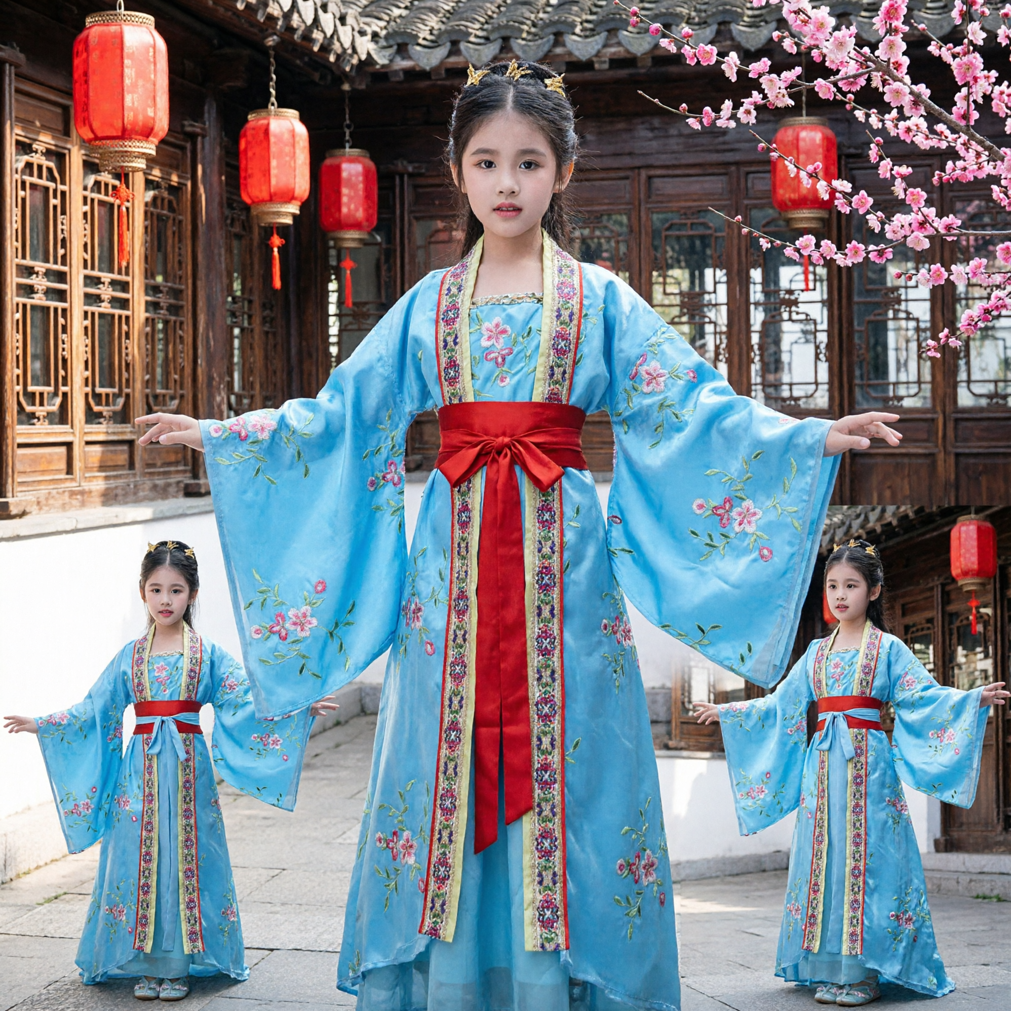 Girls Blue Chinese Traditional Hanfu Ancient Princess Costume Embroidered Wide Sleeve Dress for Kids Cultural Performance