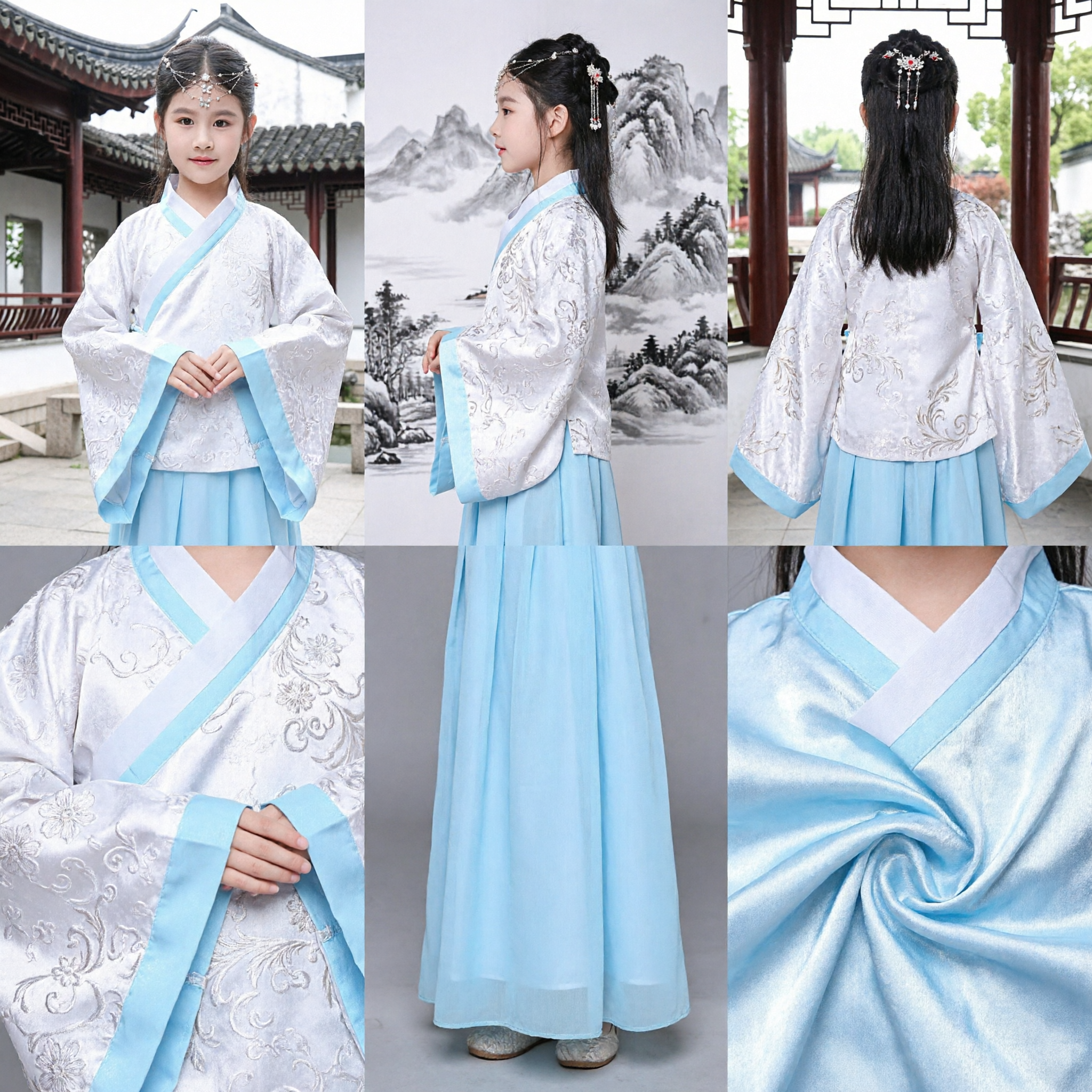 Traditional Chinese Hanfu Costume for Kids Girls Ancient Fairy Princess Dress Blue and White Ensemble