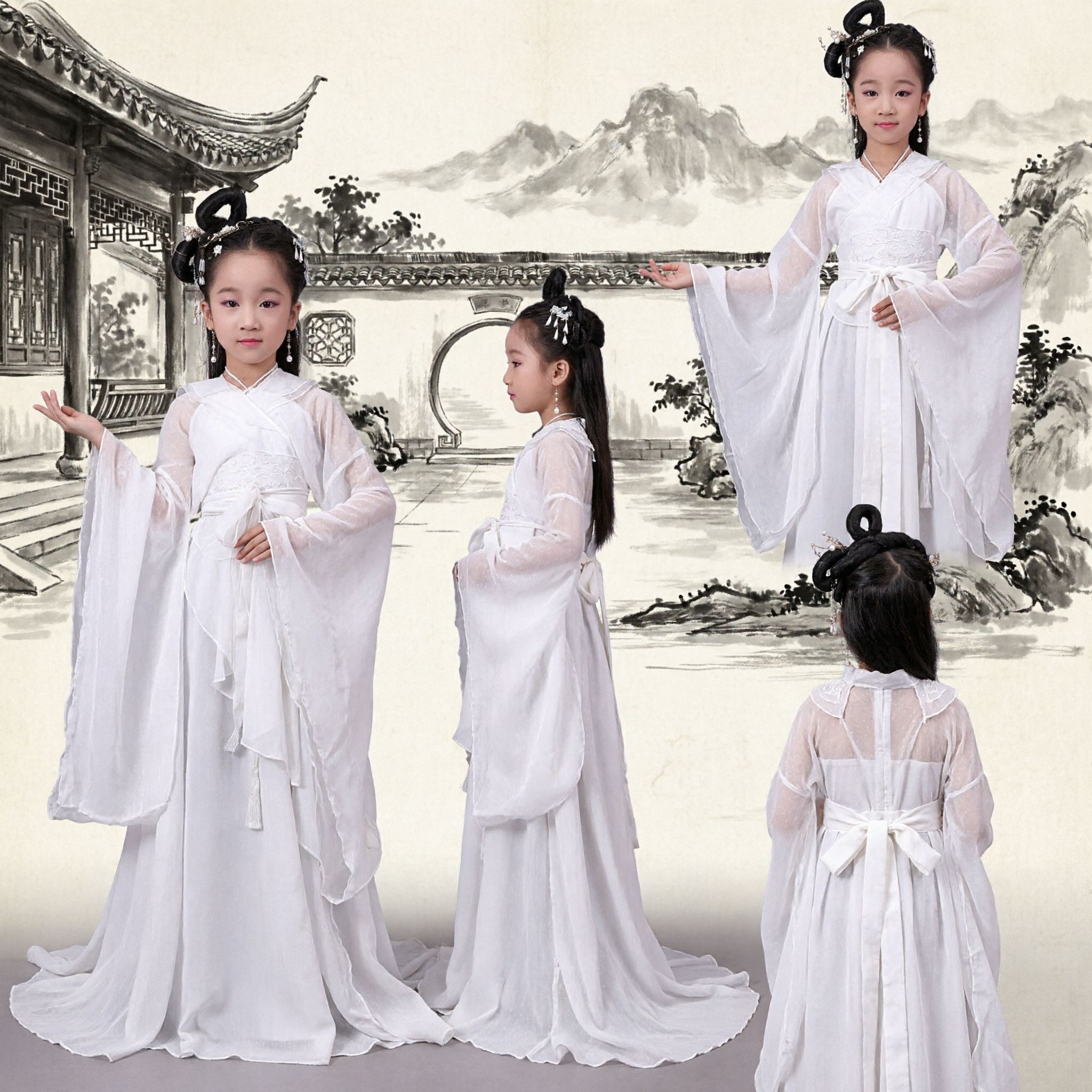 Elegant White Ancient Chinese Hanfu Costume for Girls Traditional Fairy Dress Kids Performance Wear