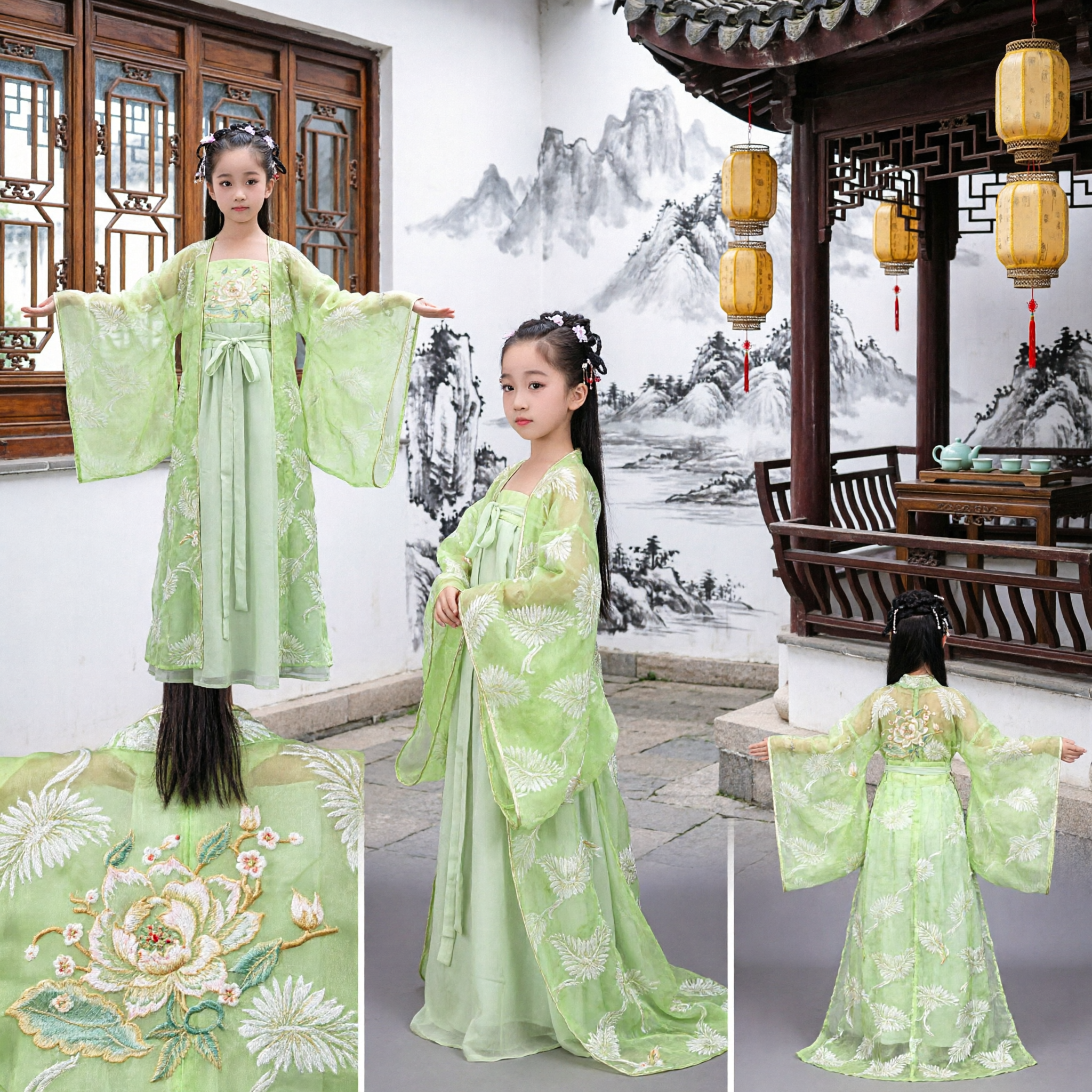Traditional Chinese Hanfu Costume for Kids Girls Green Tang Dynasty Ancient Dress for Performance Party