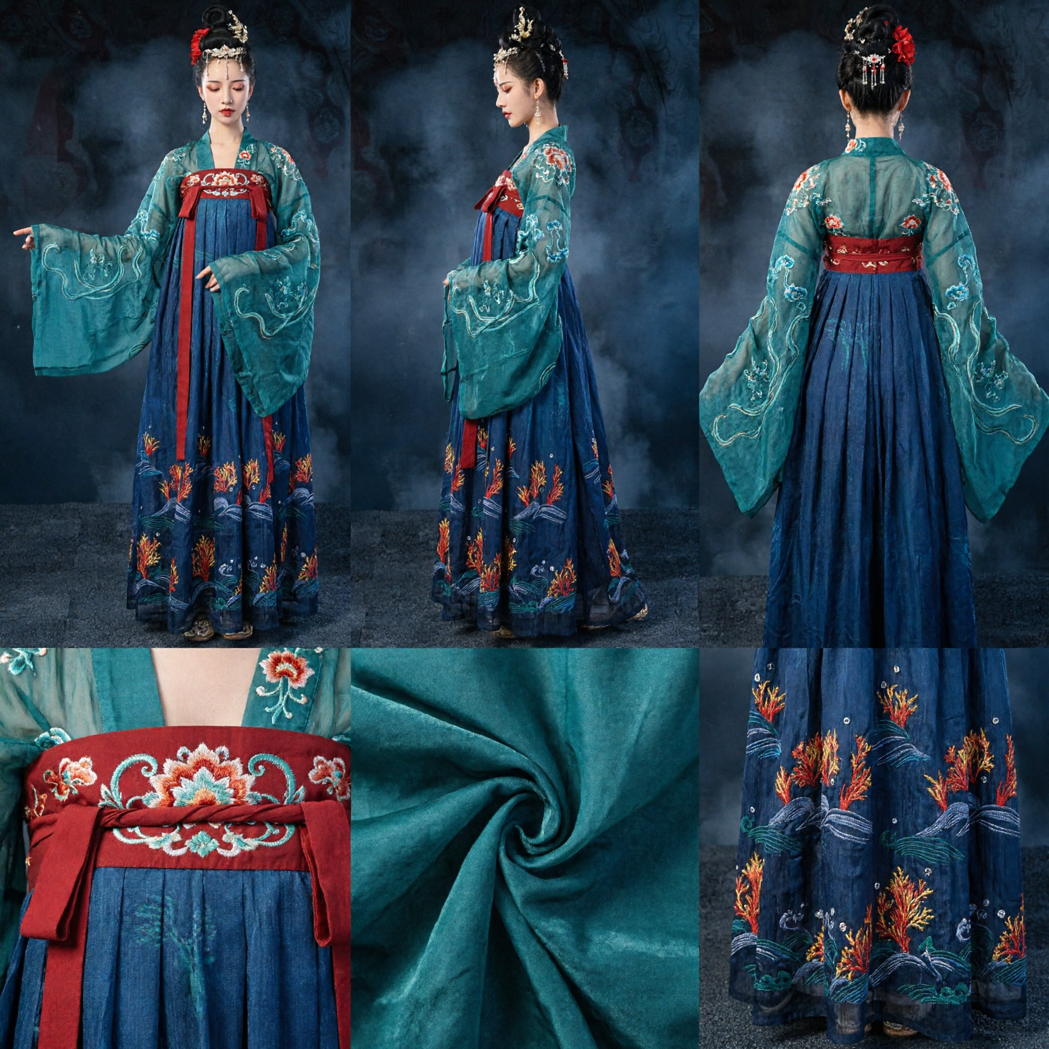 Traditional Chinese Hanfu Tang Dynasty Costume Ancient Blue Green Dress for Women Historical Dance Performance