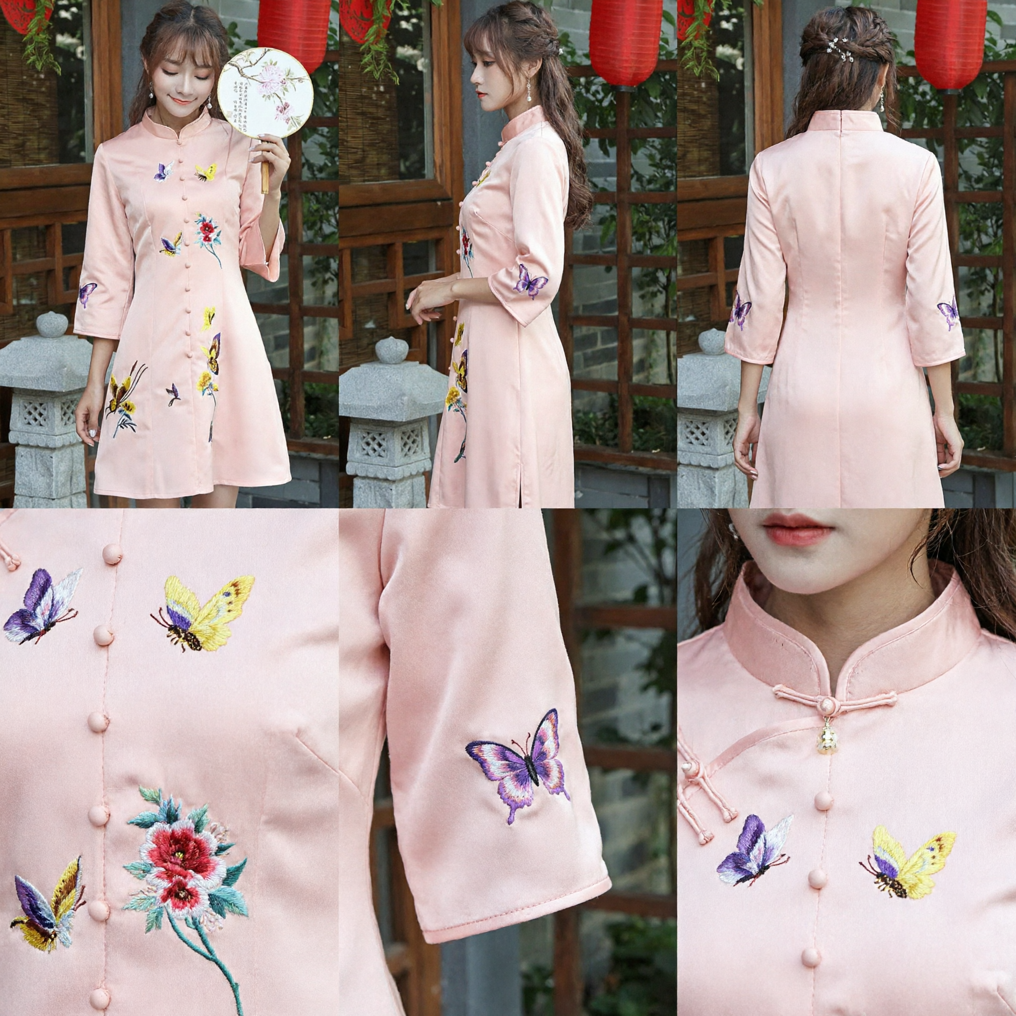 Elegant Pink Embroidered Butterfly Chinese Cheongsam Dress Traditional Mandarin Collar A-Line Qipao for Women