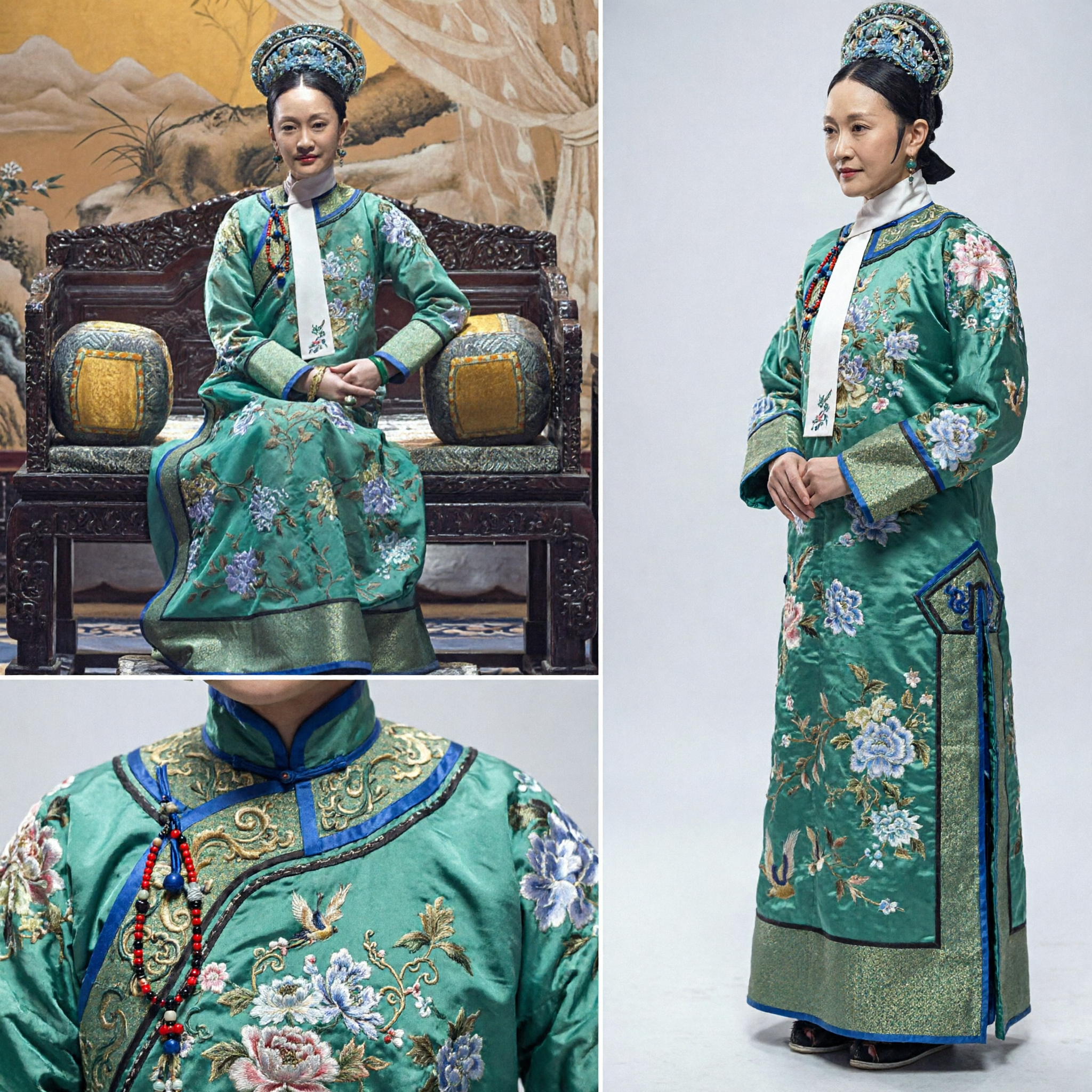 Traditional Chinese Qing Dynasty Green Manchu Noble Lady Costume Embroidered Robe and Headdress for Women