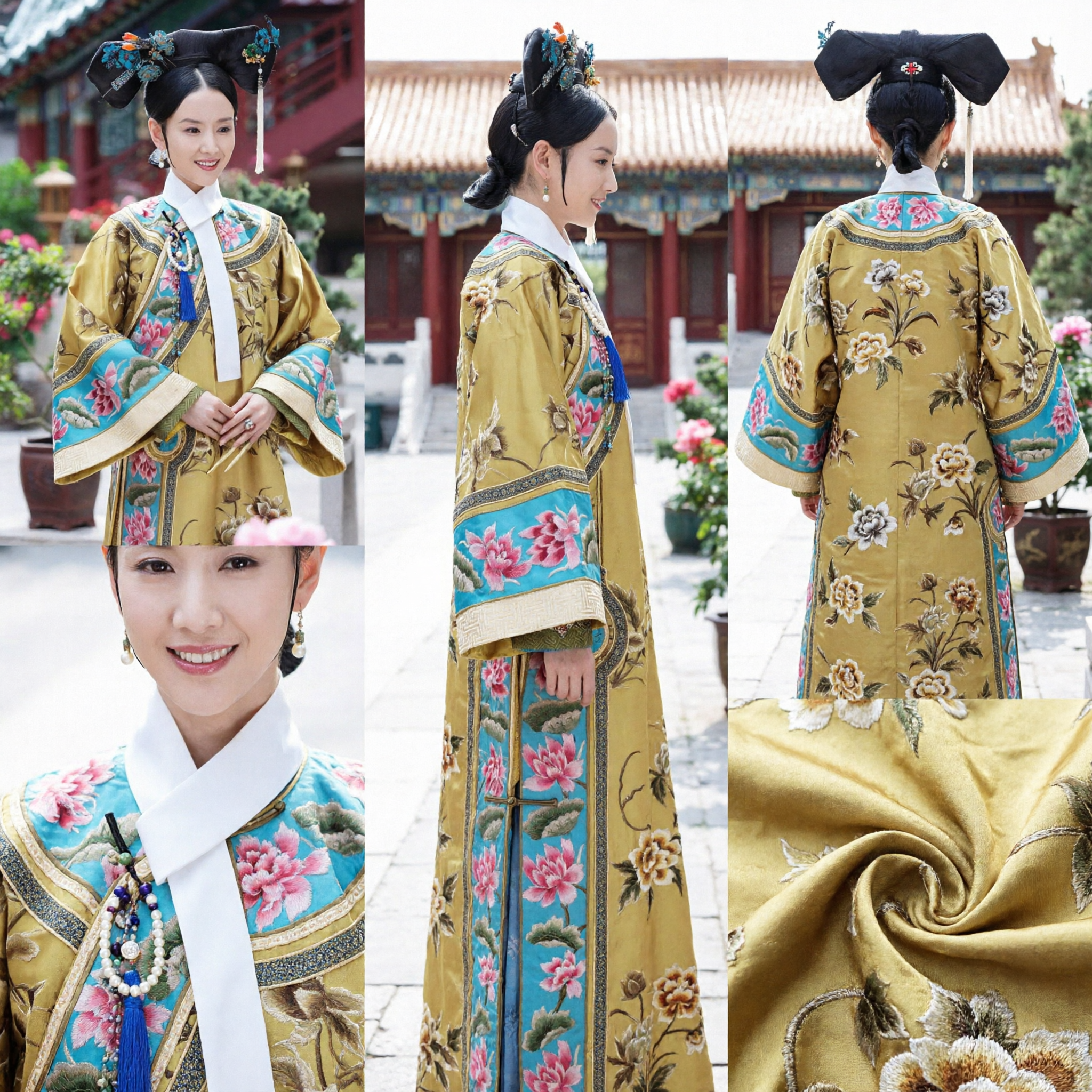 Traditional Chinese Qing Dynasty Empress Costume Yellow Floral Embroidery Robe and Headdress Set for Women