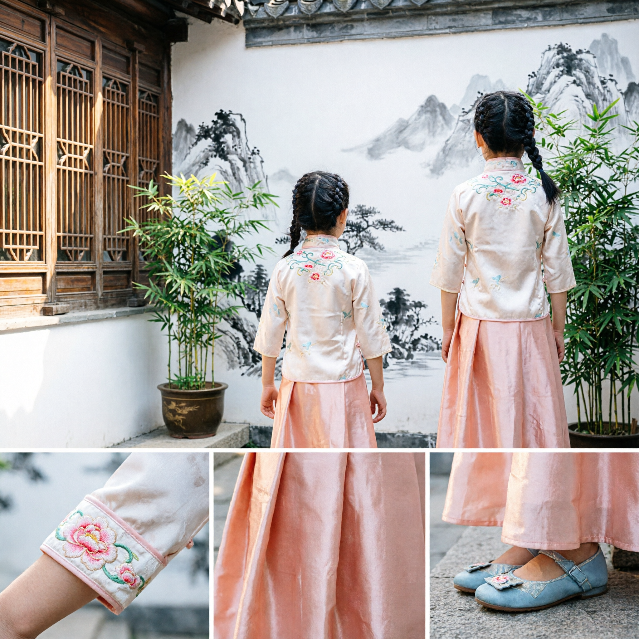 Girls Traditional Chinese Tang Suit Top and Long Skirt Set Kids Hanfu Performance Costume