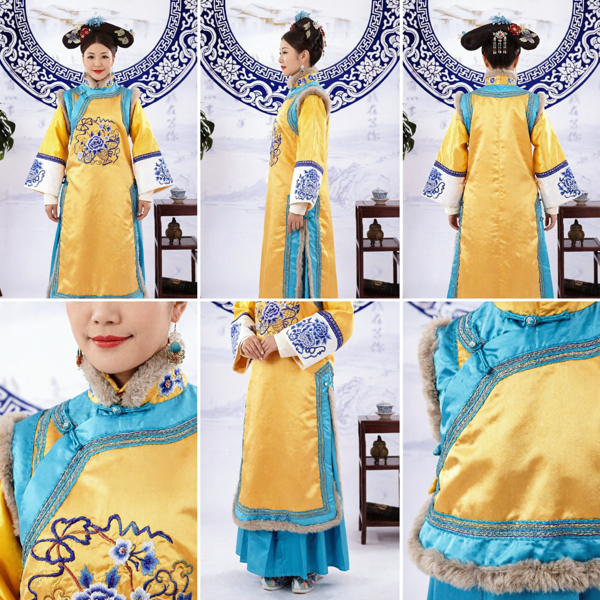 Traditional Chinese Qing Dynasty Manchu Princess Costume Yellow Embroidered Ancient Palace Dress for Women Stage Performance