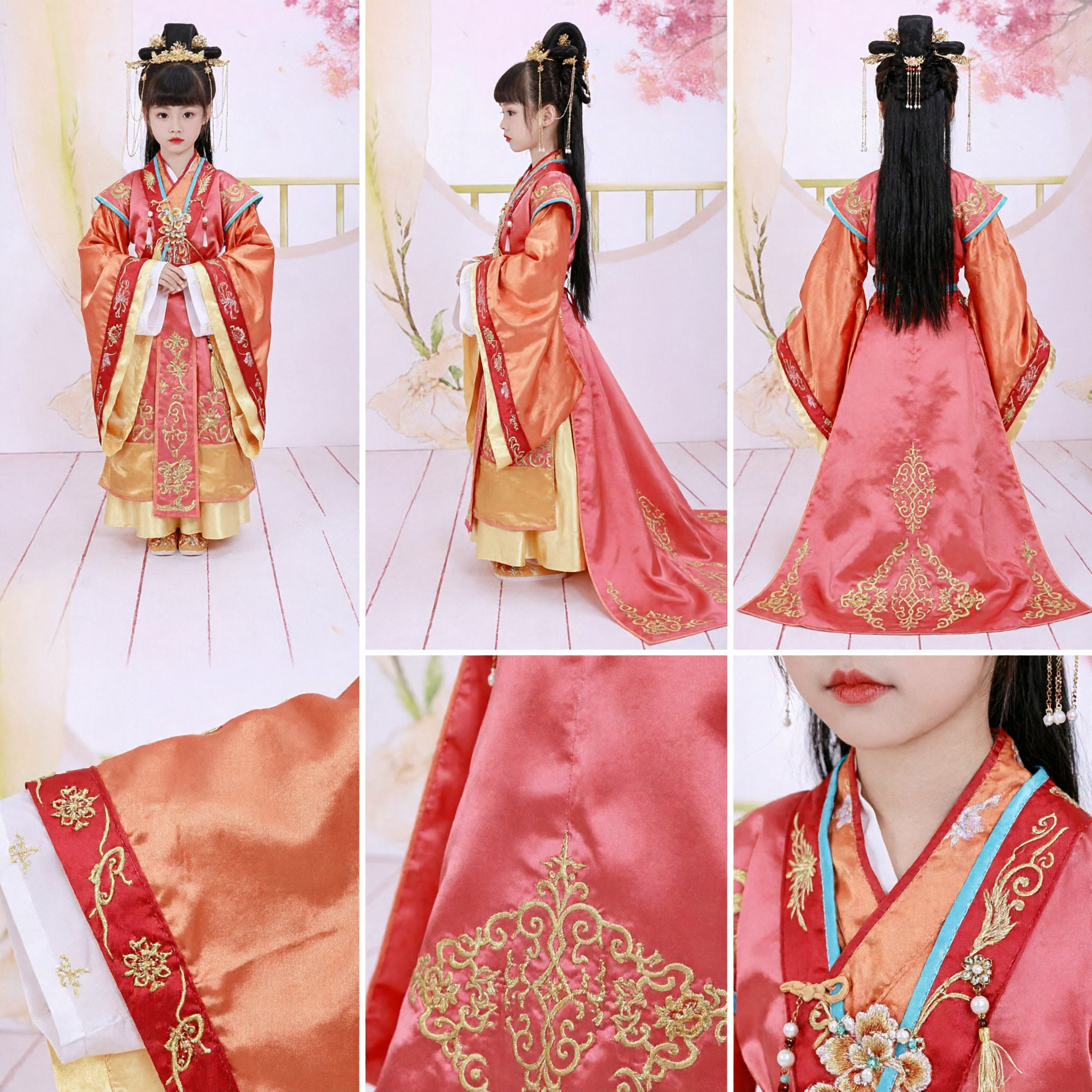 Traditional Chinese Hanfu Costume for Girls Kids Ancient Princess Dress Orange Embroidered Tang Dynasty Style
