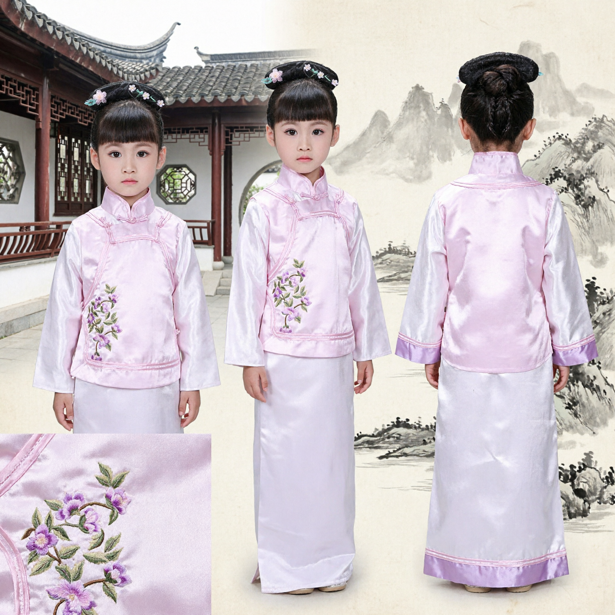 Traditional Ancient Chinese Costume for Kids Girls Pink Embroidered Vest and White Skirt Hanfu Set