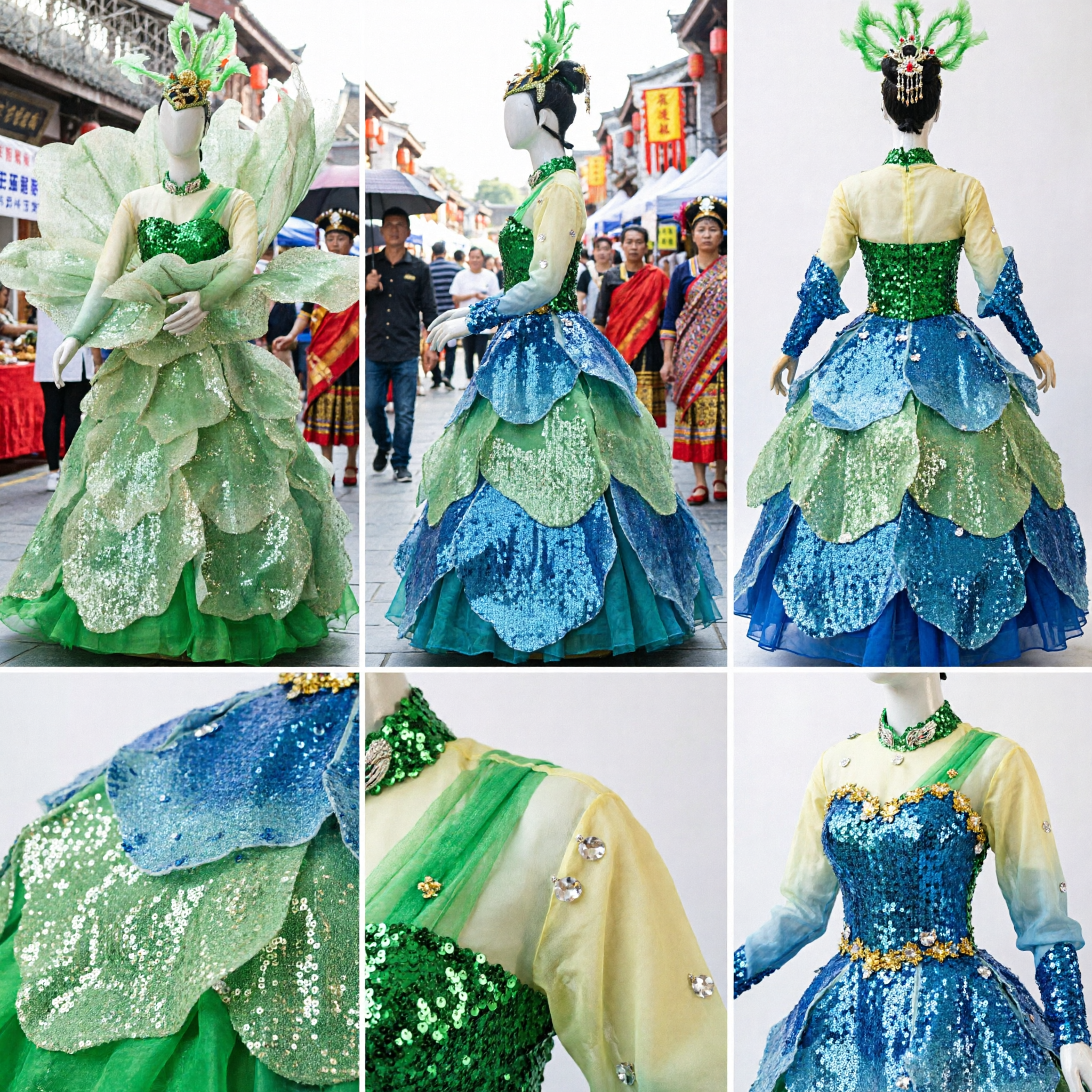 Women's Green Flower Fairy Carnival Costume Elaborate Sequined Dress for Stage Performance and Parade