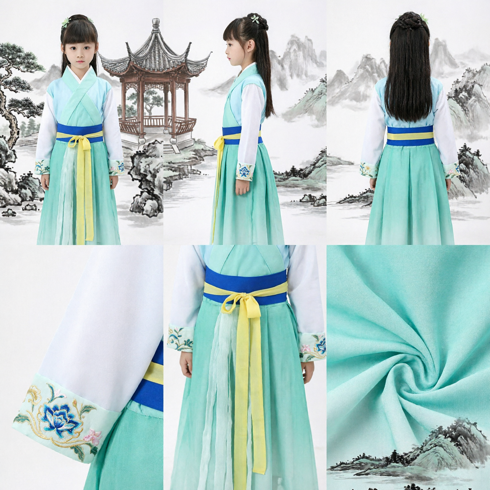 Kids Chinese Hanfu Traditional Costume Ancient Fairy Dress Blue Green Performance Outfit for Girls