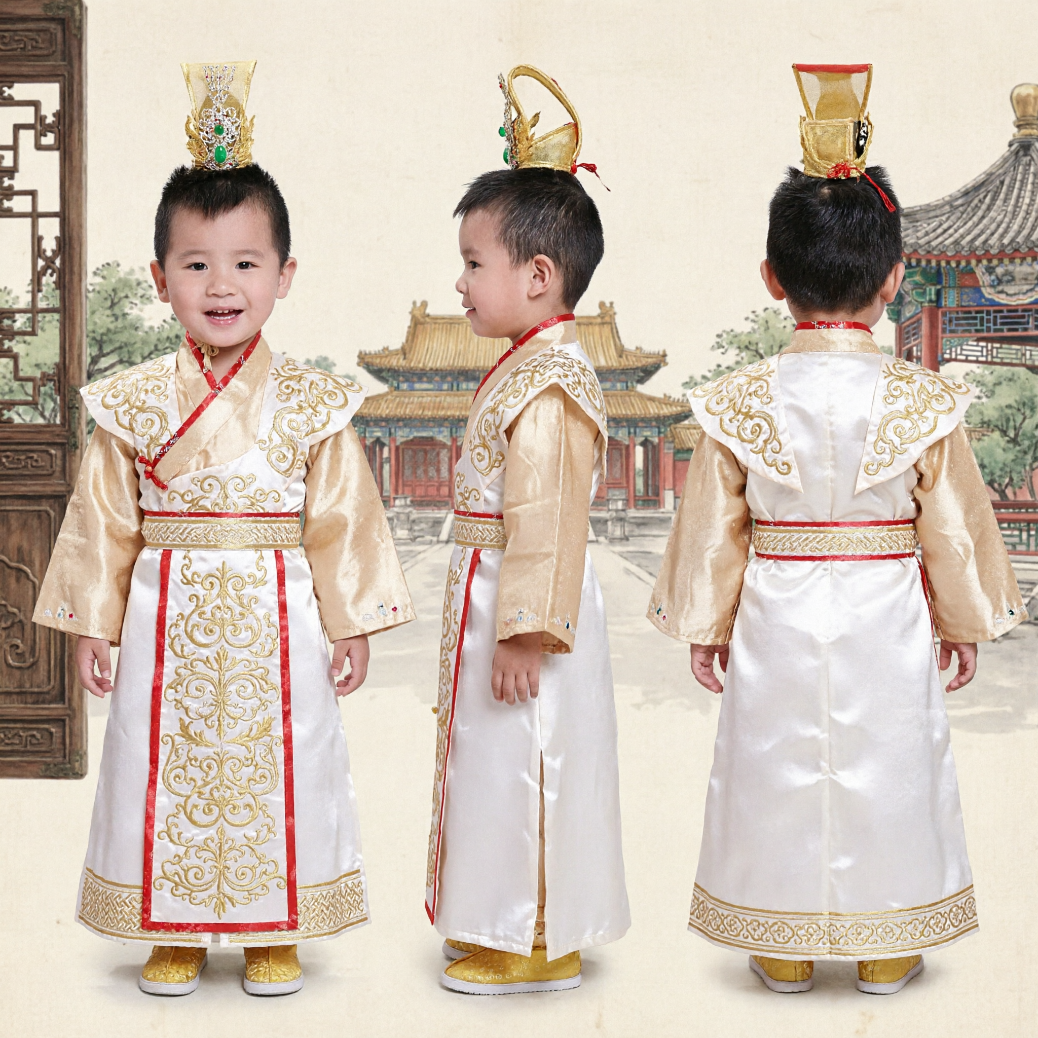 Boys Traditional Chinese Ancient Prince Hanfu Costume Kids Golden Robe for Festival Performance