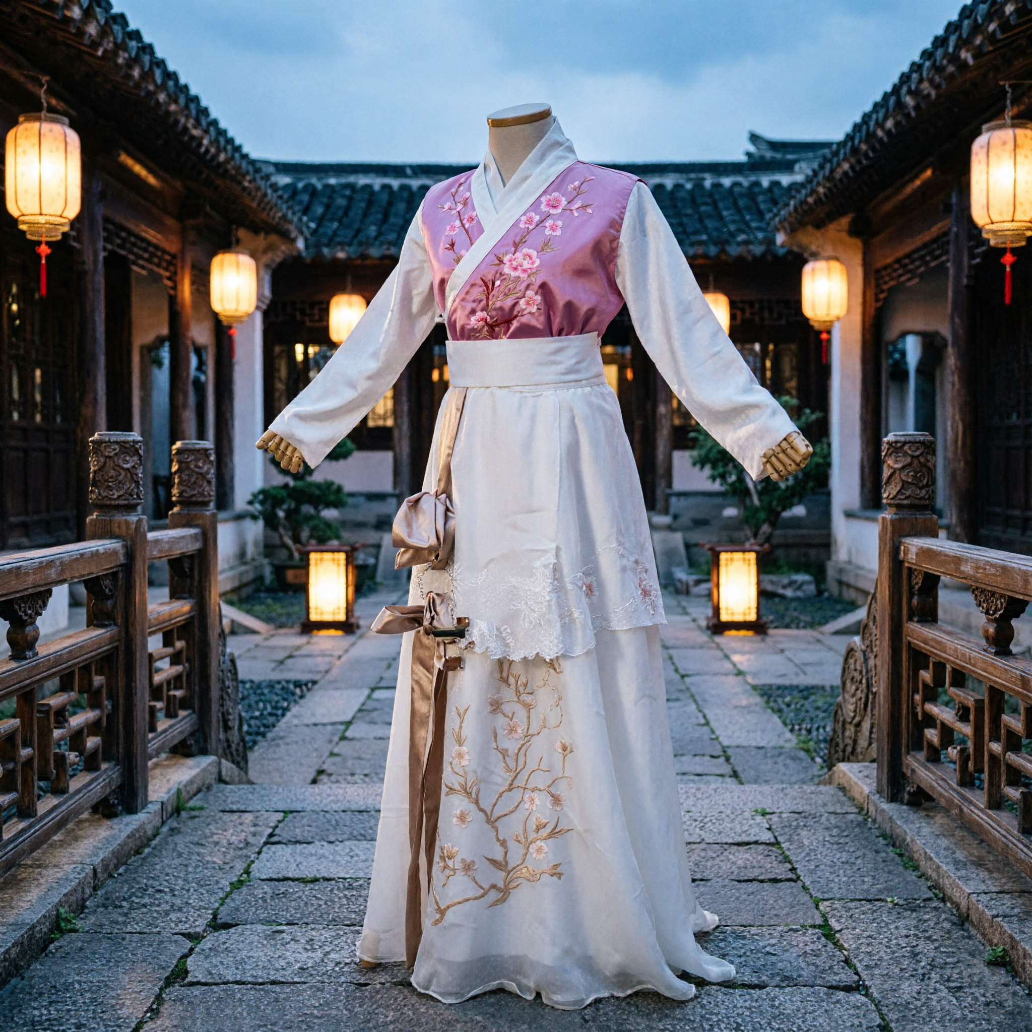 Traditional Korean Hanbok Dress for Women Pink Floral Vest White Skirt Historical Costume for Cosplay