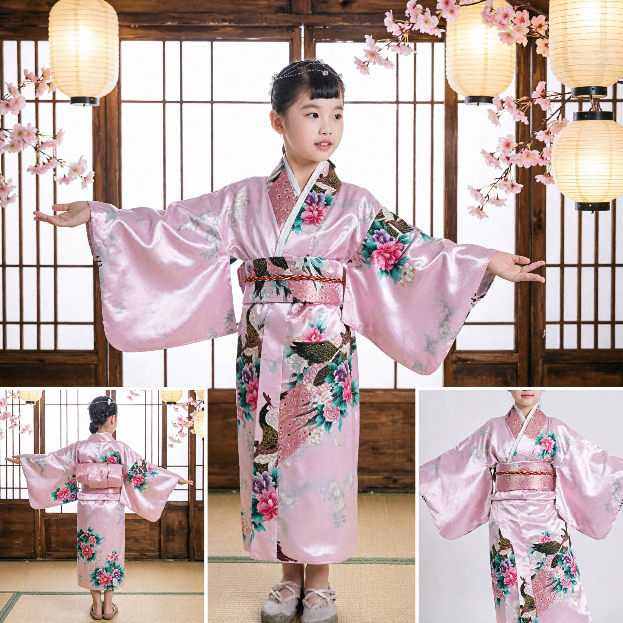 Traditional Japanese Pink Kimono for Girls Floral Print Dance Costume Kids Cultural Performance Wear