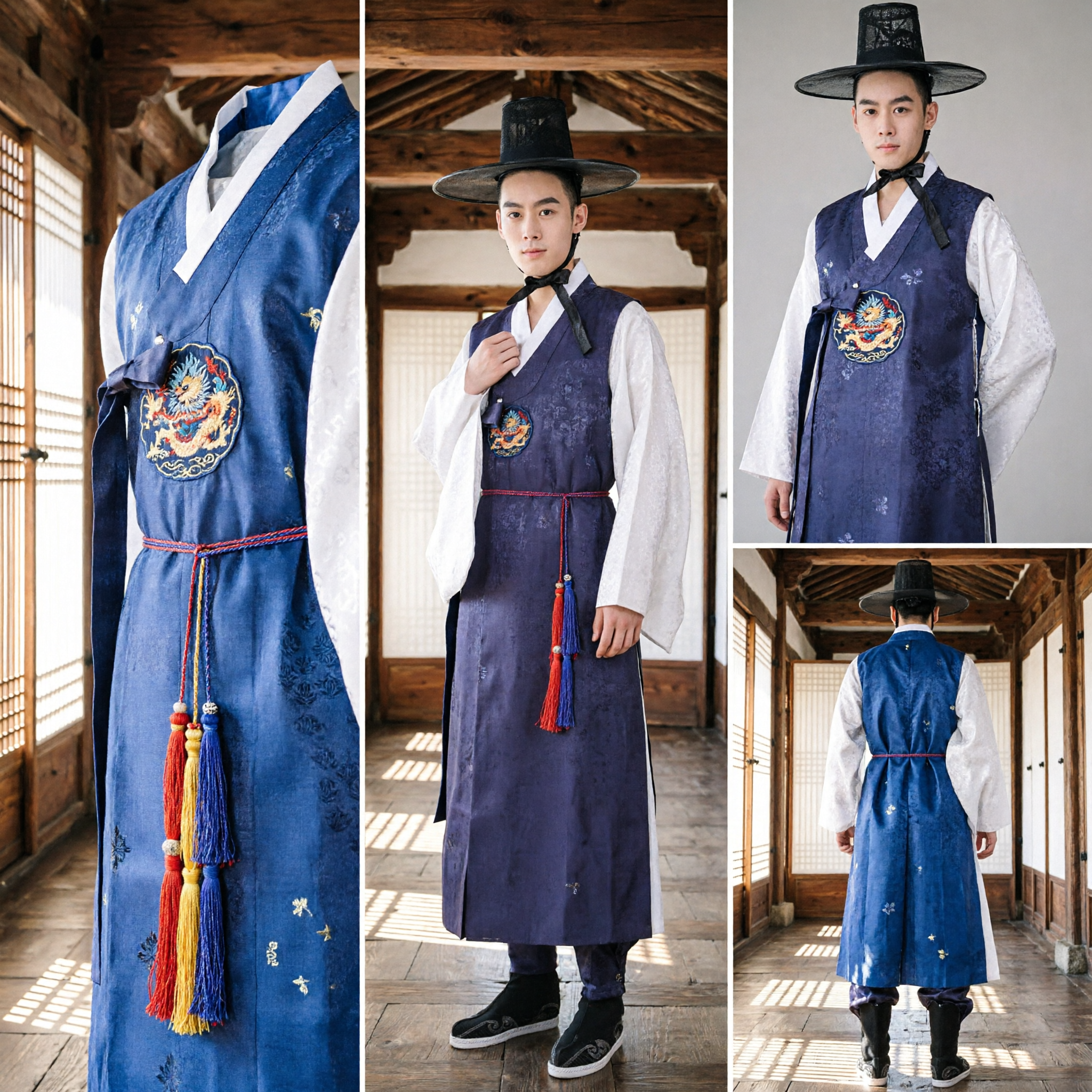 Traditional Korean Hanbok Men's Blue Sleeveless Robe and Gat Hat Set for Wedding Performance