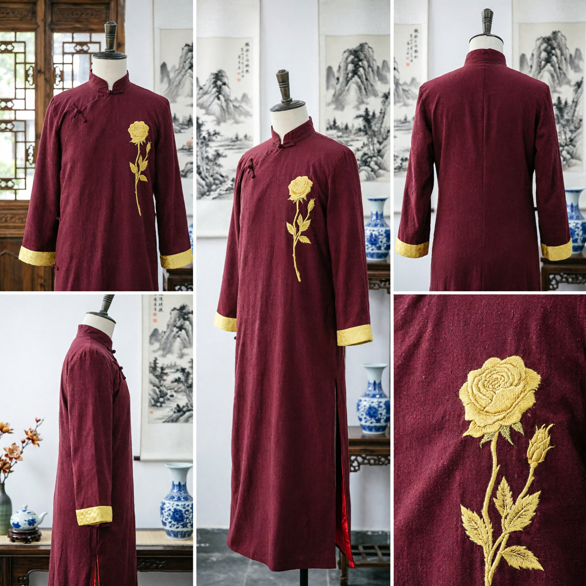 Men's Traditional Chinese Tang Suit Long Robe Deep Red Wedding Kung Fu Costume with Gold Rose Embroidery