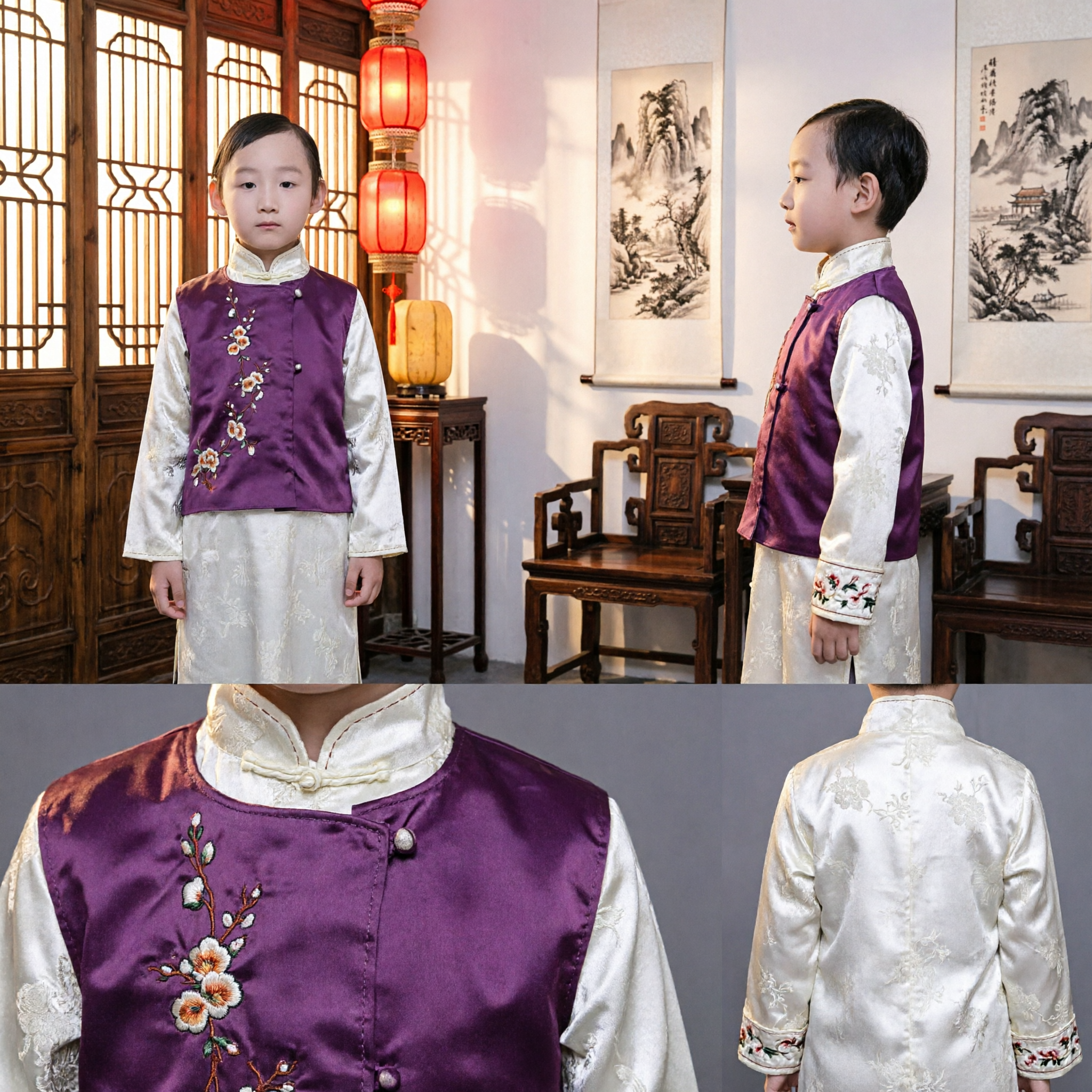 Kids Boys Traditional Chinese Tang Suit Changshan Purple Vest Embroidery Formal Wedding Party Costume