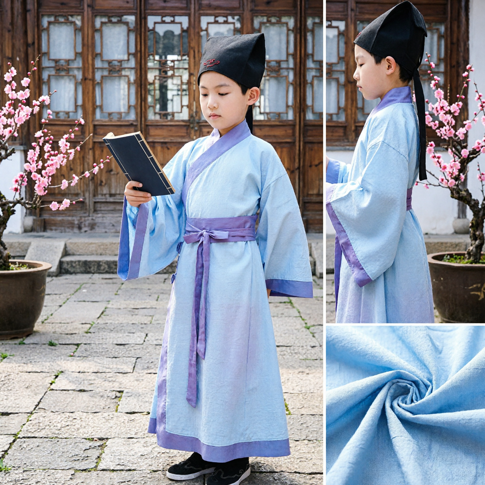 Traditional Chinese Hanfu Ancient Scholar Costume for Kids Boys Light Blue Robe with Hat Halloween Cosplay