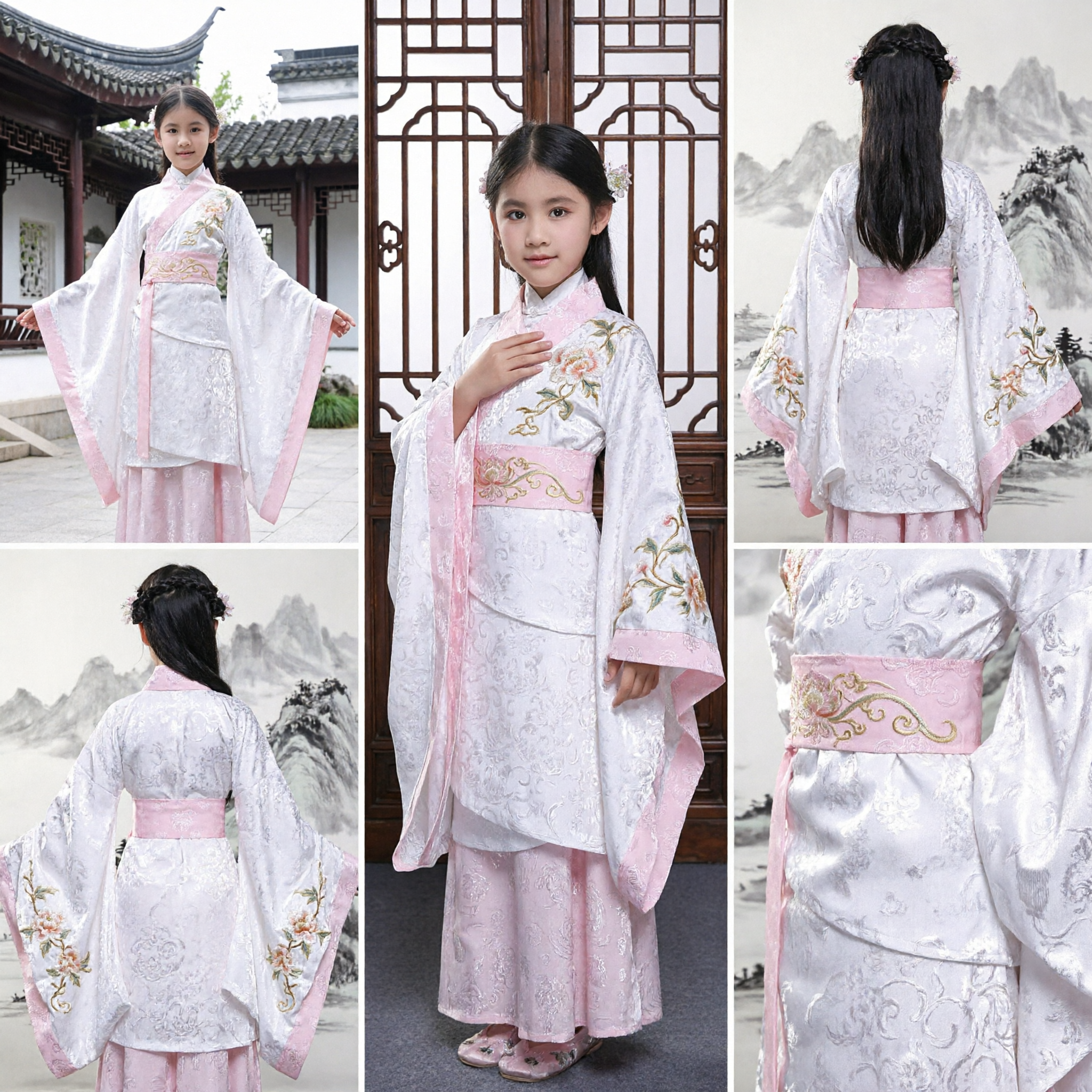 Kids Girls Chinese Traditional Hanfu Costume Ancient Fairy Dress Pink White Outfit for Performance and Festivals