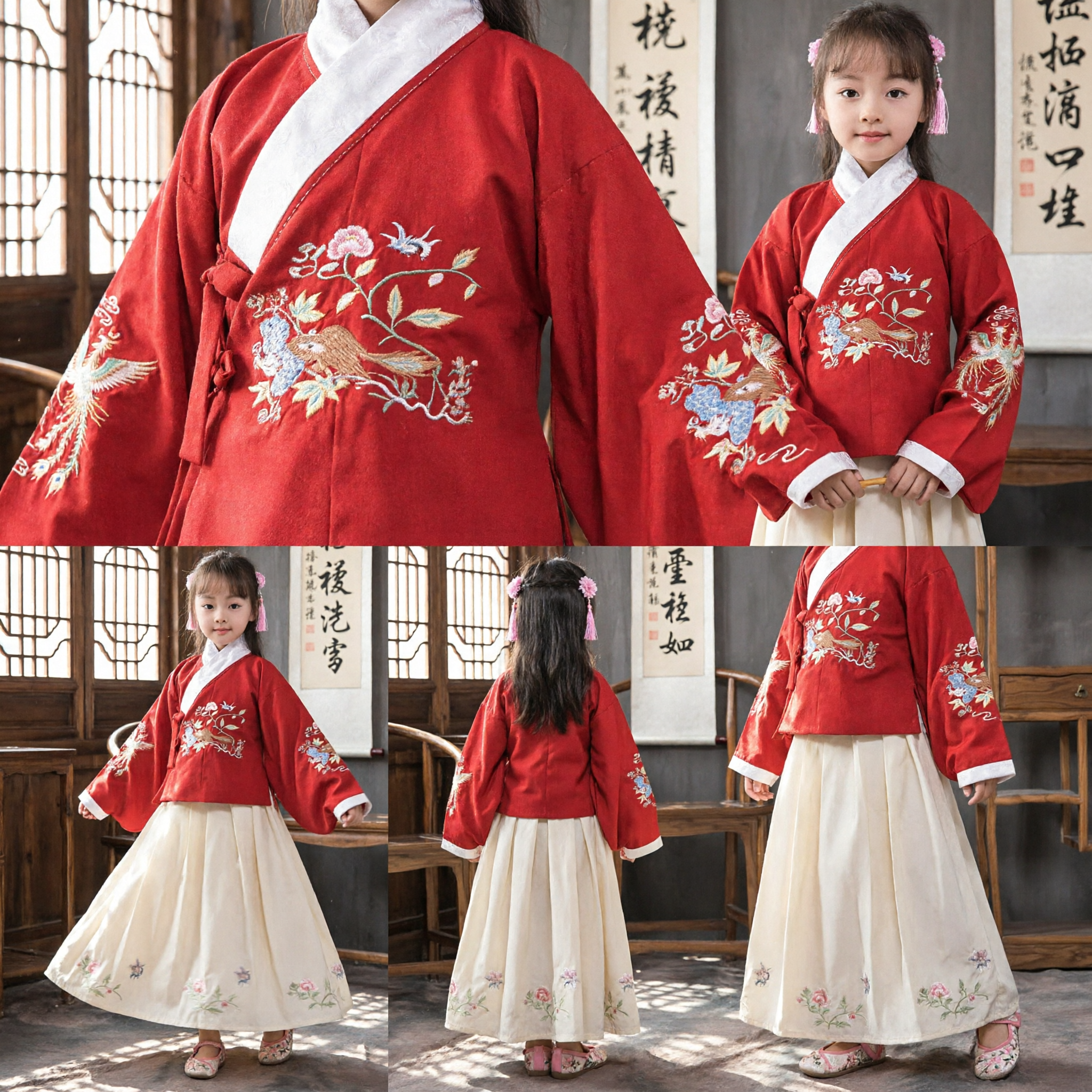 Traditional Chinese Hanfu for Girls Red Embroidered Top and White Pleated Skirt Set Ancient Costume for Kids