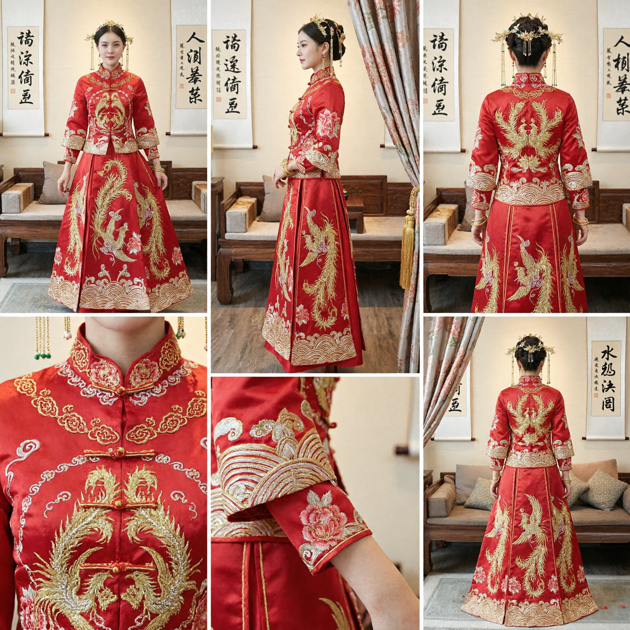 Traditional Chinese Wedding Dress Red Xiu He Fu Phoenix Embroidery Bridal Gown for Bride Ceremony