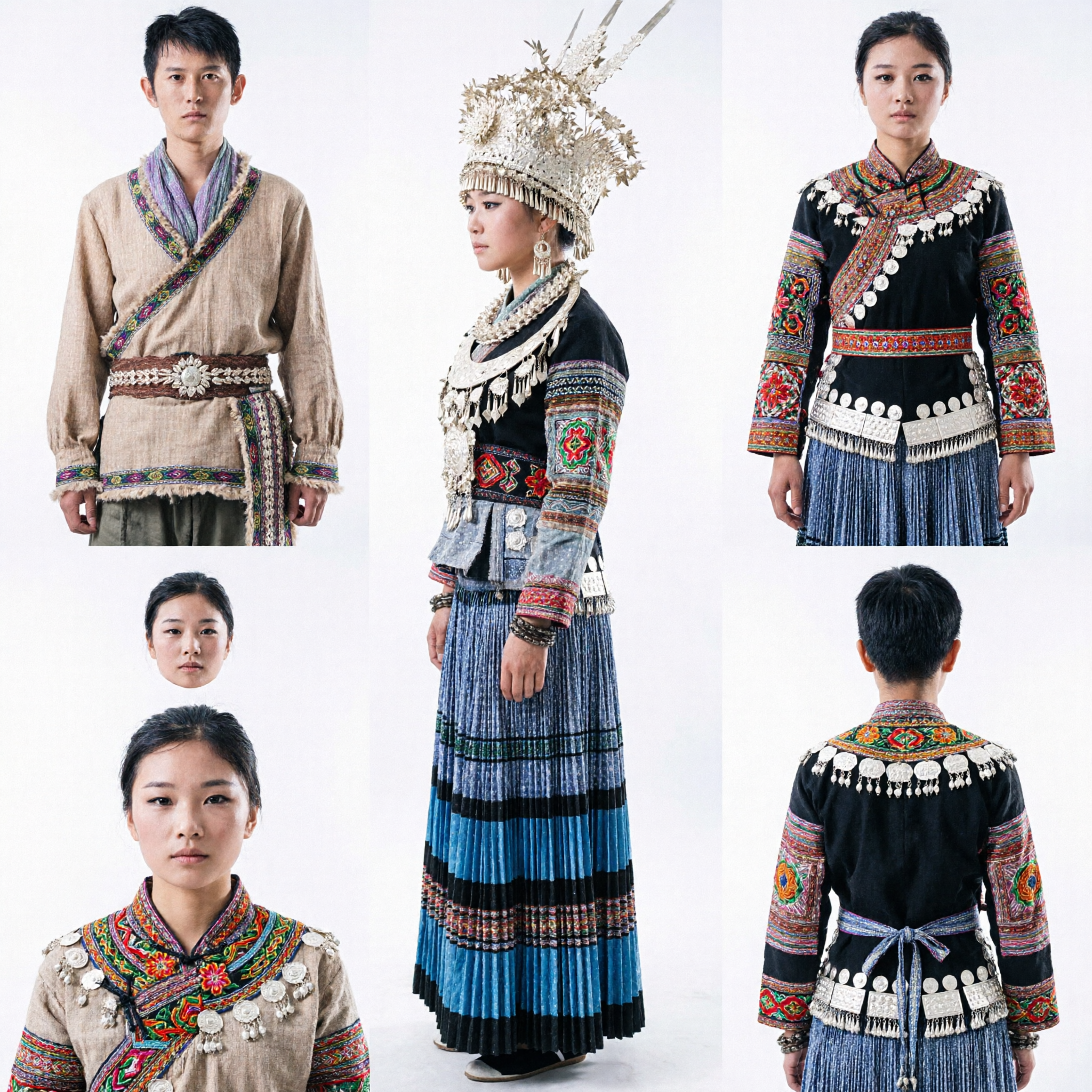 Traditional Chinese Miao Ethnic Couple Costume Silver Headdress Folk Dance Stage Performance Photography Outfit