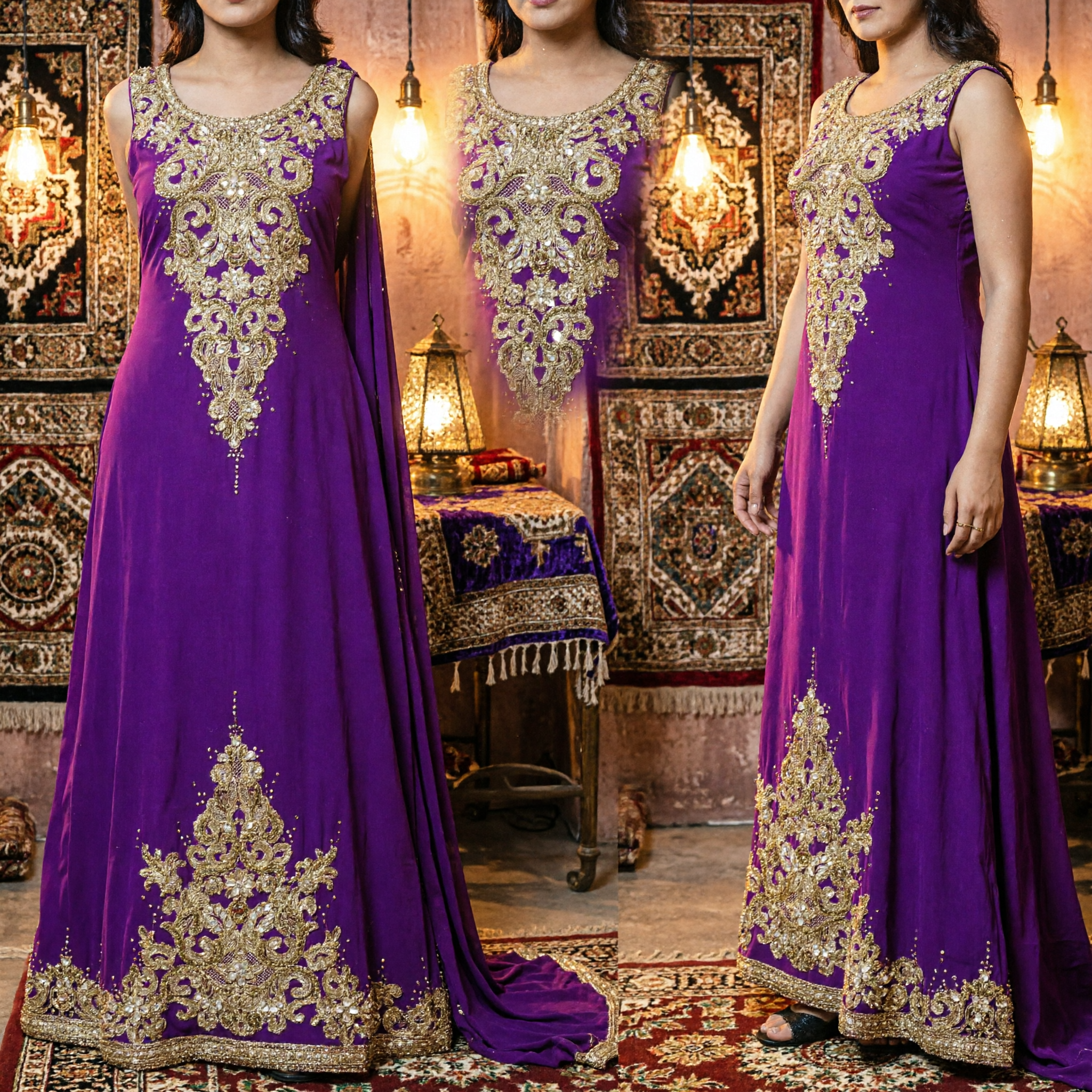 Elegant Purple Long Kaftan Dress with Gold Beaded Embroidery for Women's Evening Party Wear