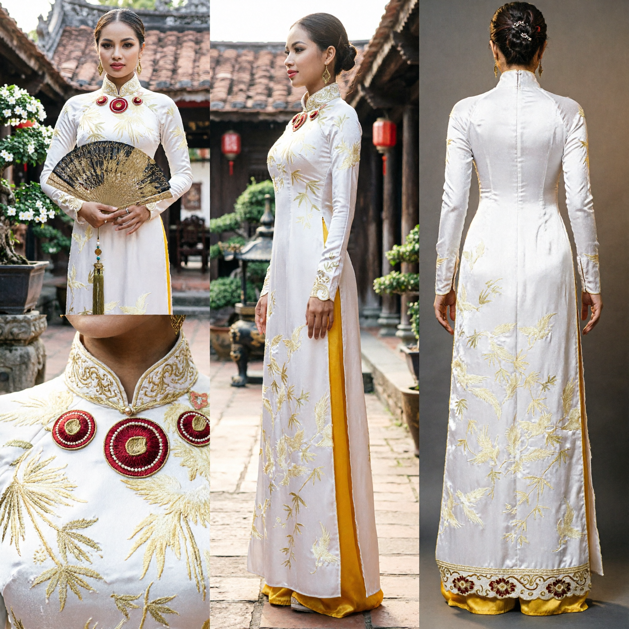 Elegant White Vietnamese Ao Dai Traditional Dress with Gold Embroidery for Women Wedding and Performance