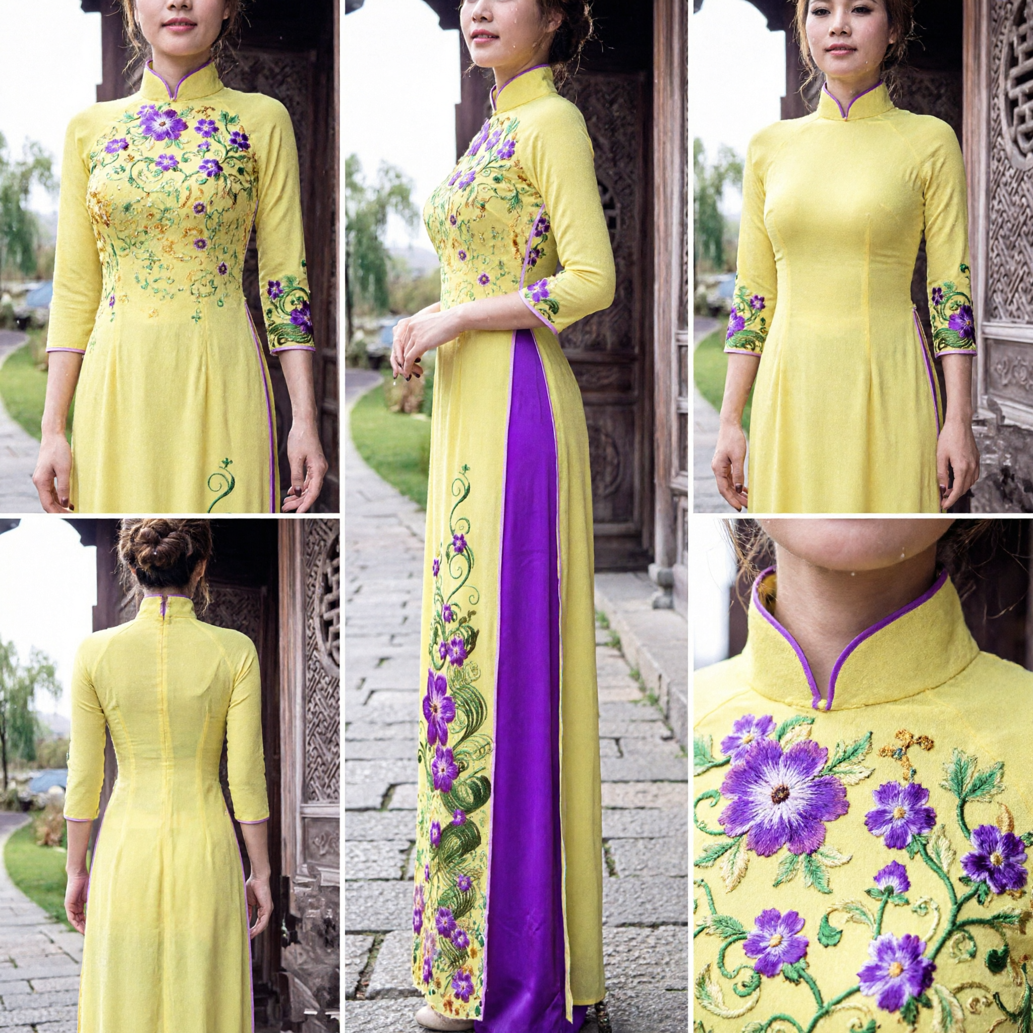 Elegant Yellow Vietnamese Ao Dai Traditional Long Dress with Purple Floral Embroidery for Women Wedding Party