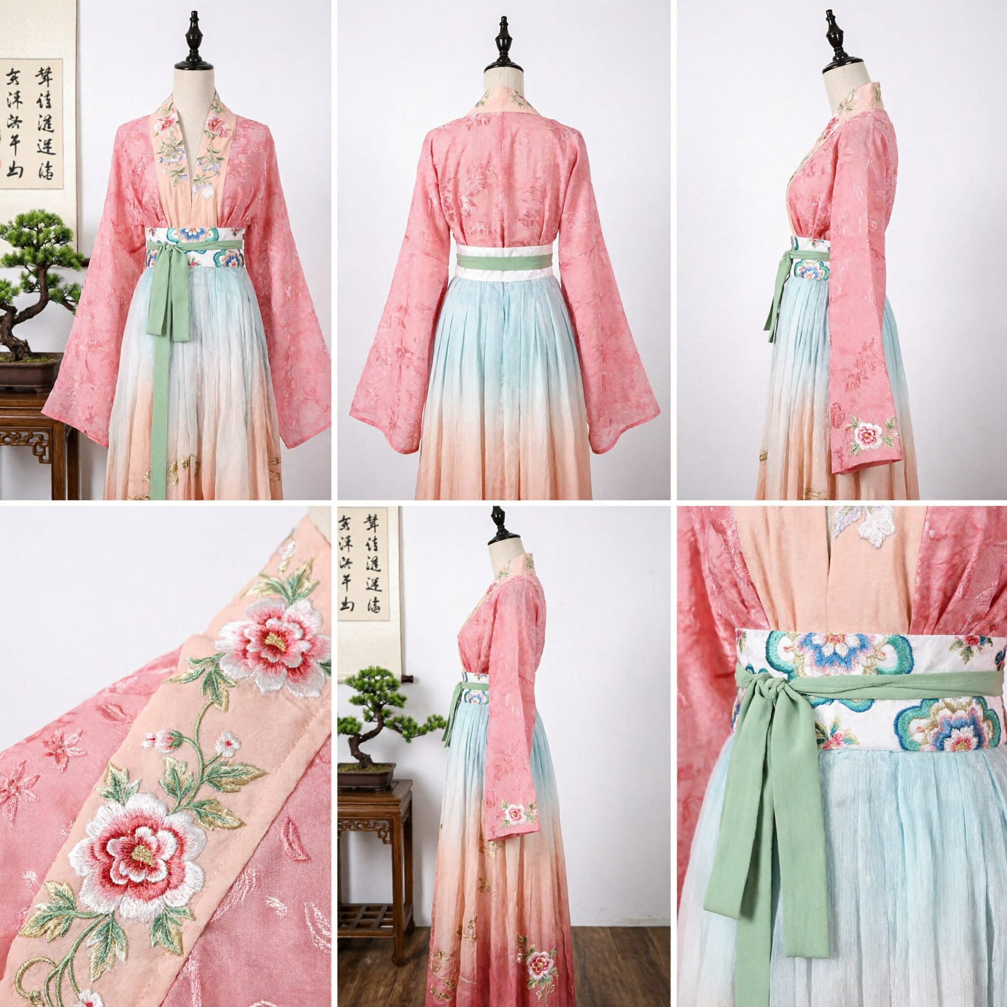 Elegant Pink Traditional Chinese Hanfu Set Embroidered Robe and Gradient Pleated Skirt Ancient Costume for Women