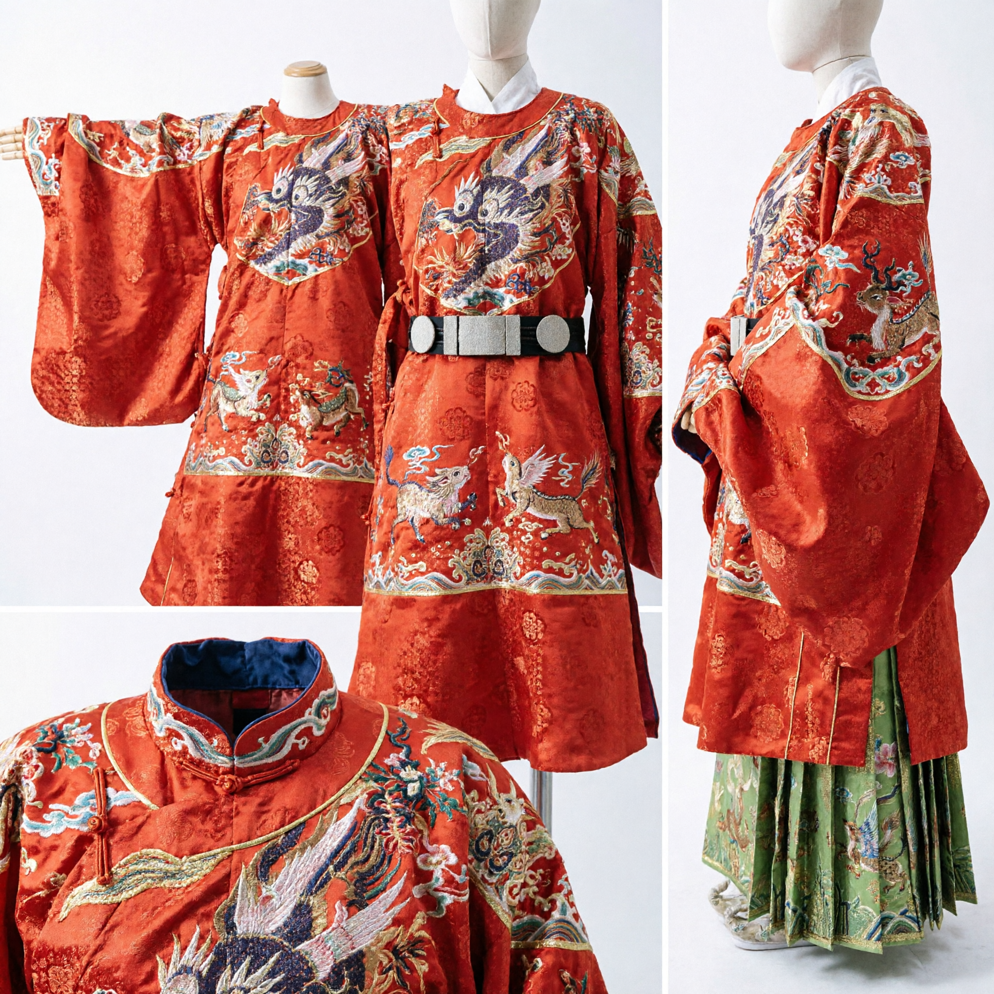 Traditional Chinese Ming Dynasty Wedding Hanfu Red Dragon Robe and Green Skirt Costume Set for Women