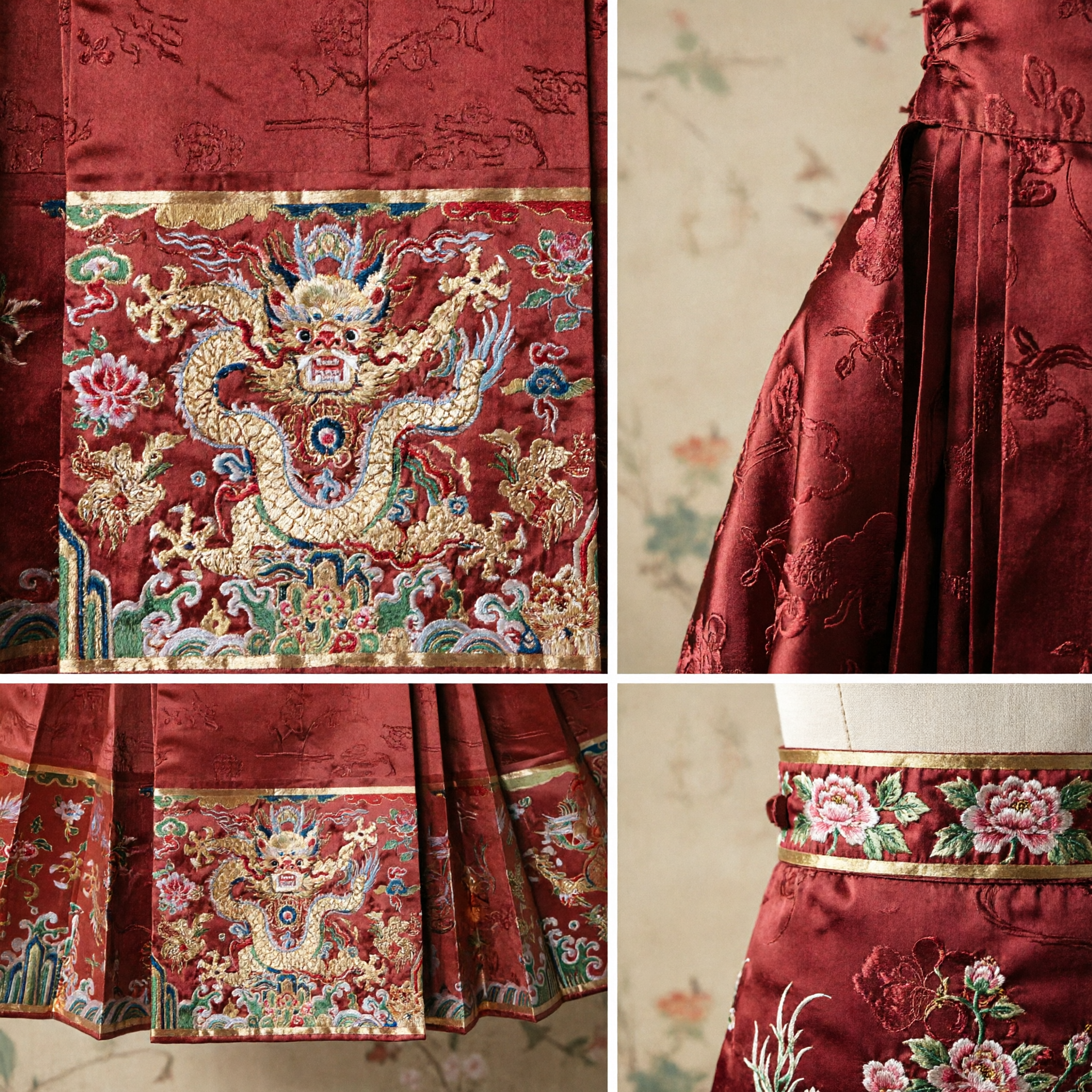 Elegant Red Chinese Mamianqun Horse Face Skirt Women Traditional Dragon Brocade Hanfu Ancient Costume
