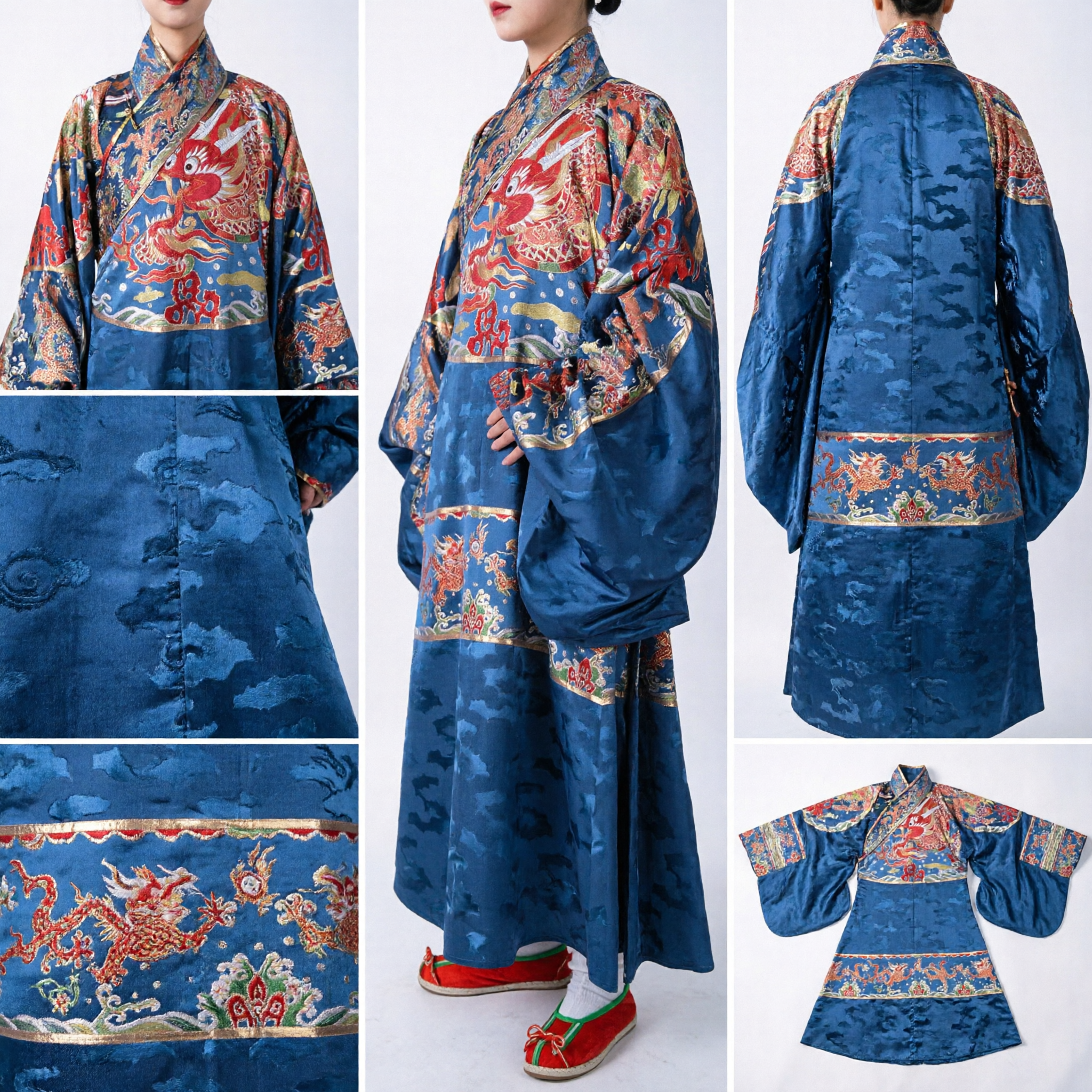 Ancient Chinese Ming Dynasty Blue Dragon Embroidery Robe Men's Hanfu Costume for Cosplay