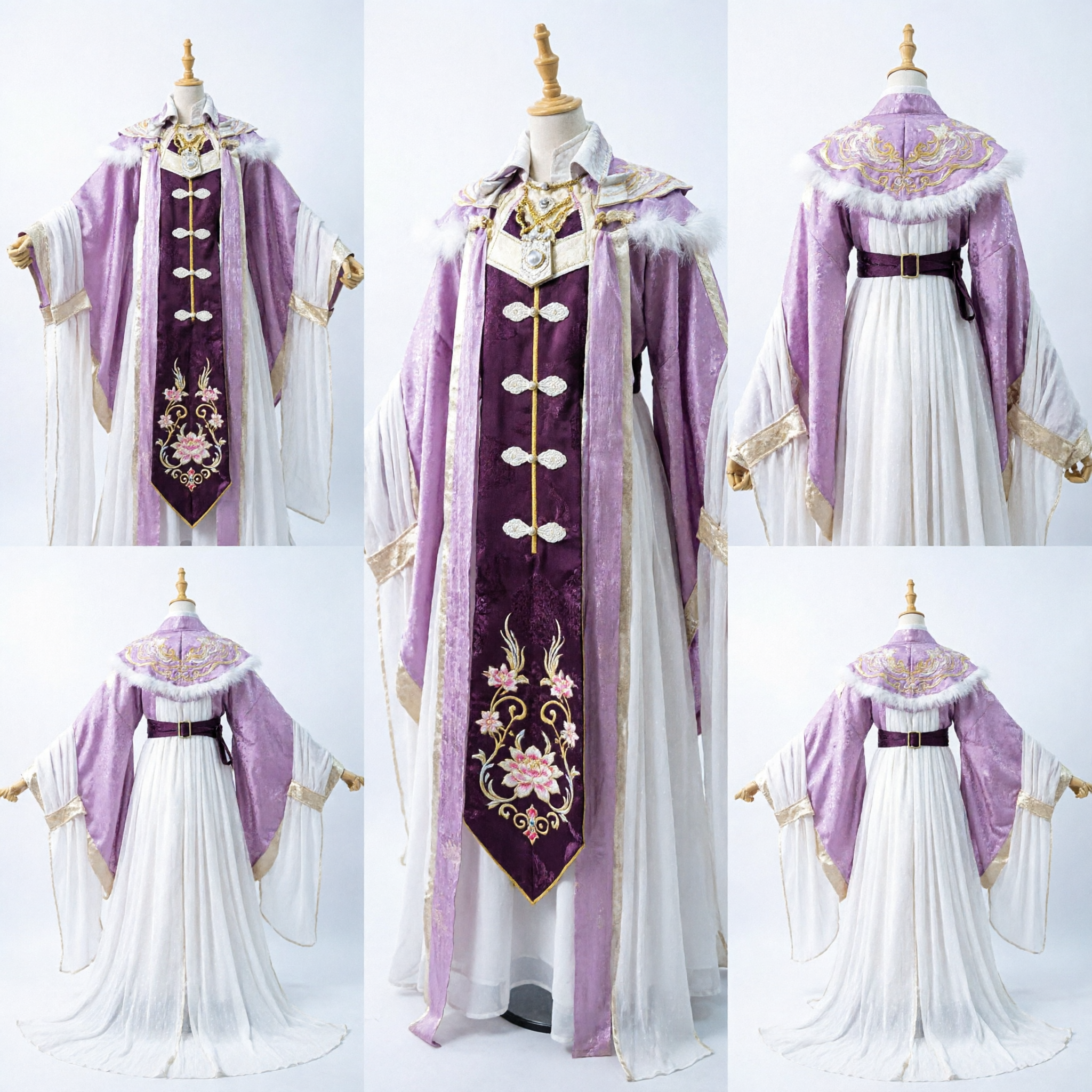 Ancient Chinese Noble Costume Purple Hanfu Robe with Fur Collar for Cosplay and Stage Performance