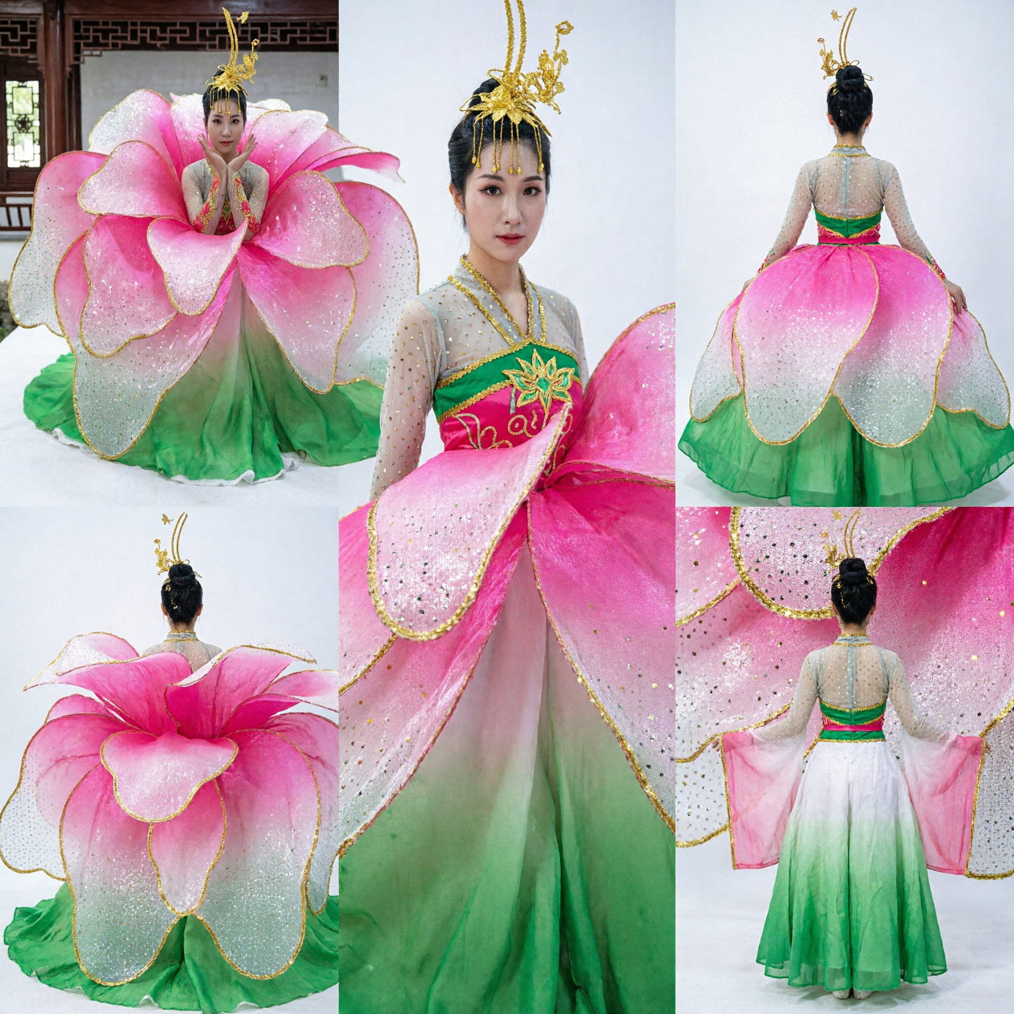 Women's Giant Pink Flower Dance Costume Traditional Chinese Folk Stage Performance Dress for Cultural Shows