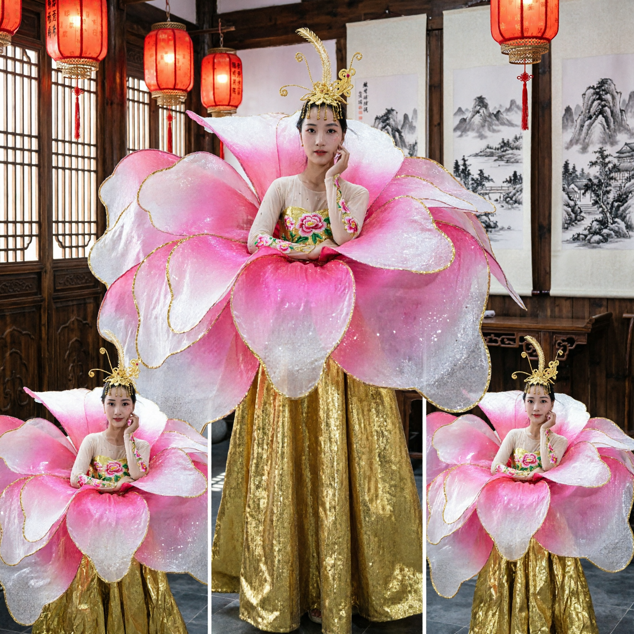 Traditional Chinese Pink Lotus Flower Dance Costume for Women Stage Performance Festival Outfit