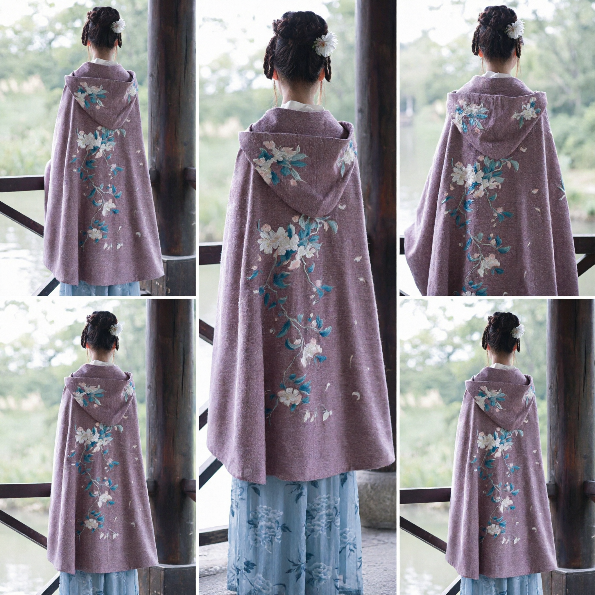 Ancient Chinese Style Hanfu Hooded Cape Cloak Winter Warm Coat for Women with Floral Embroidery
