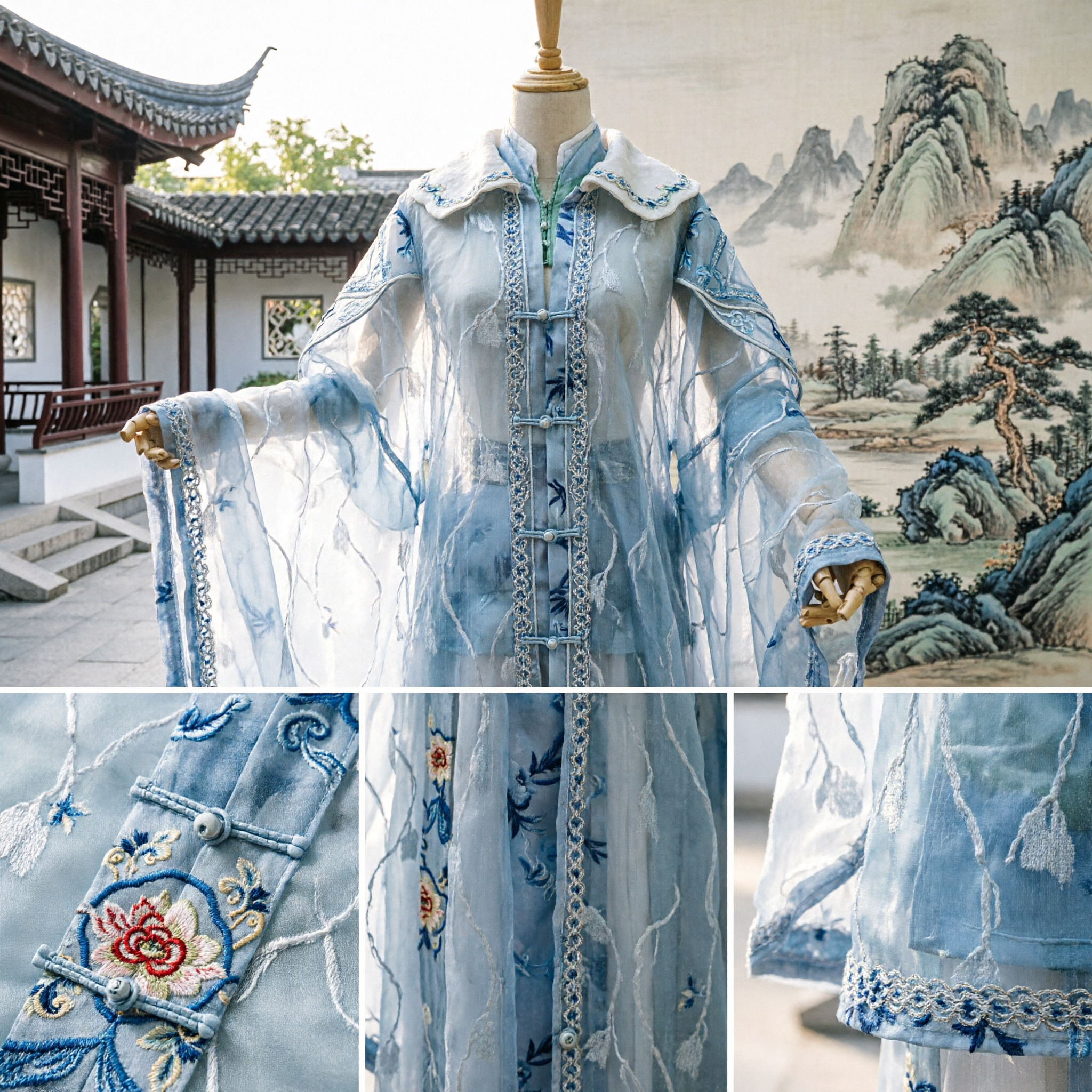 Elegant Blue and White Traditional Chinese Hanfu Wide Sleeve Ancient Robe Costume for Men Wuxia Cosplay