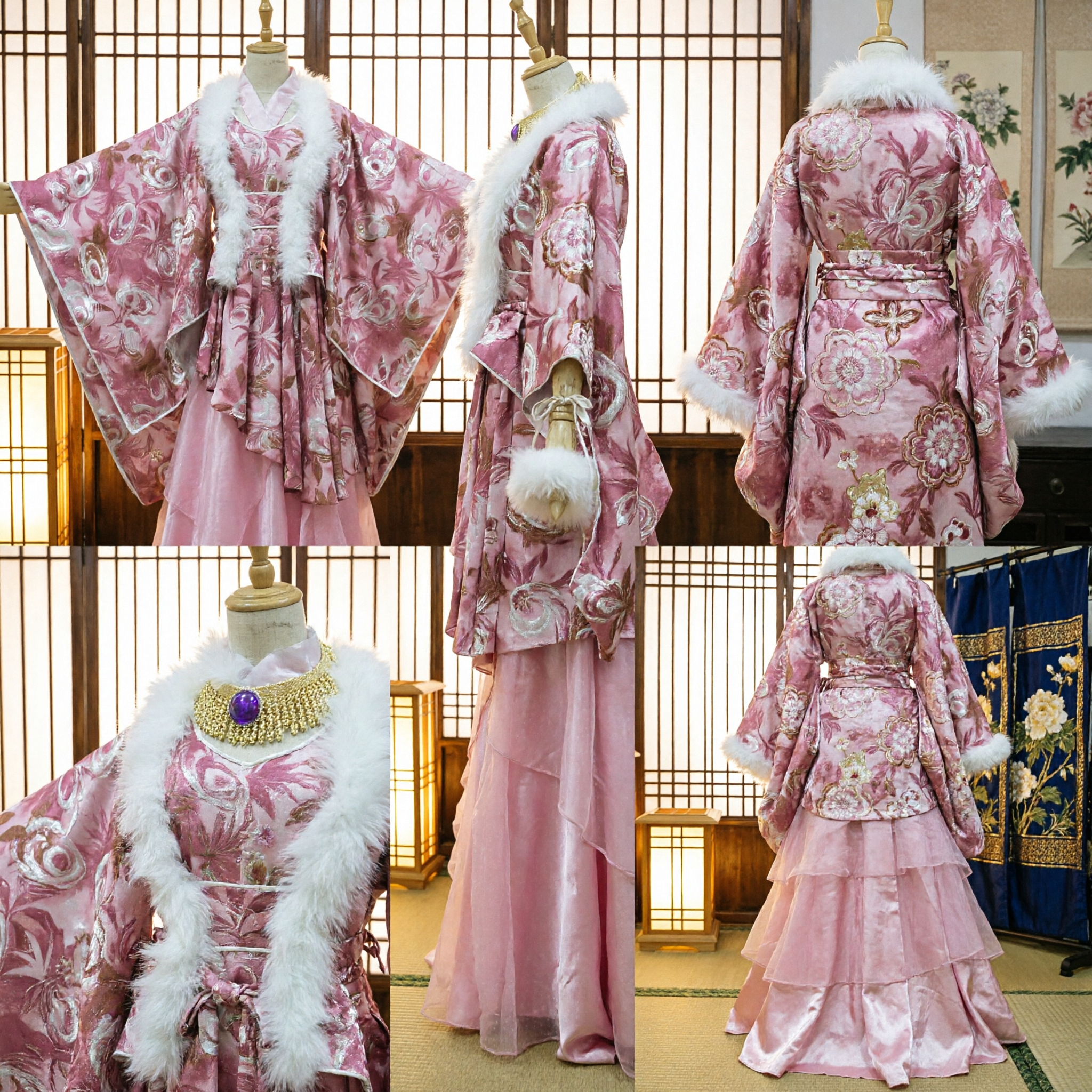 Traditional Chinese Pink Princess Costume Tang Dynasty Style Hanfu with White Fur Collar for Stage Show