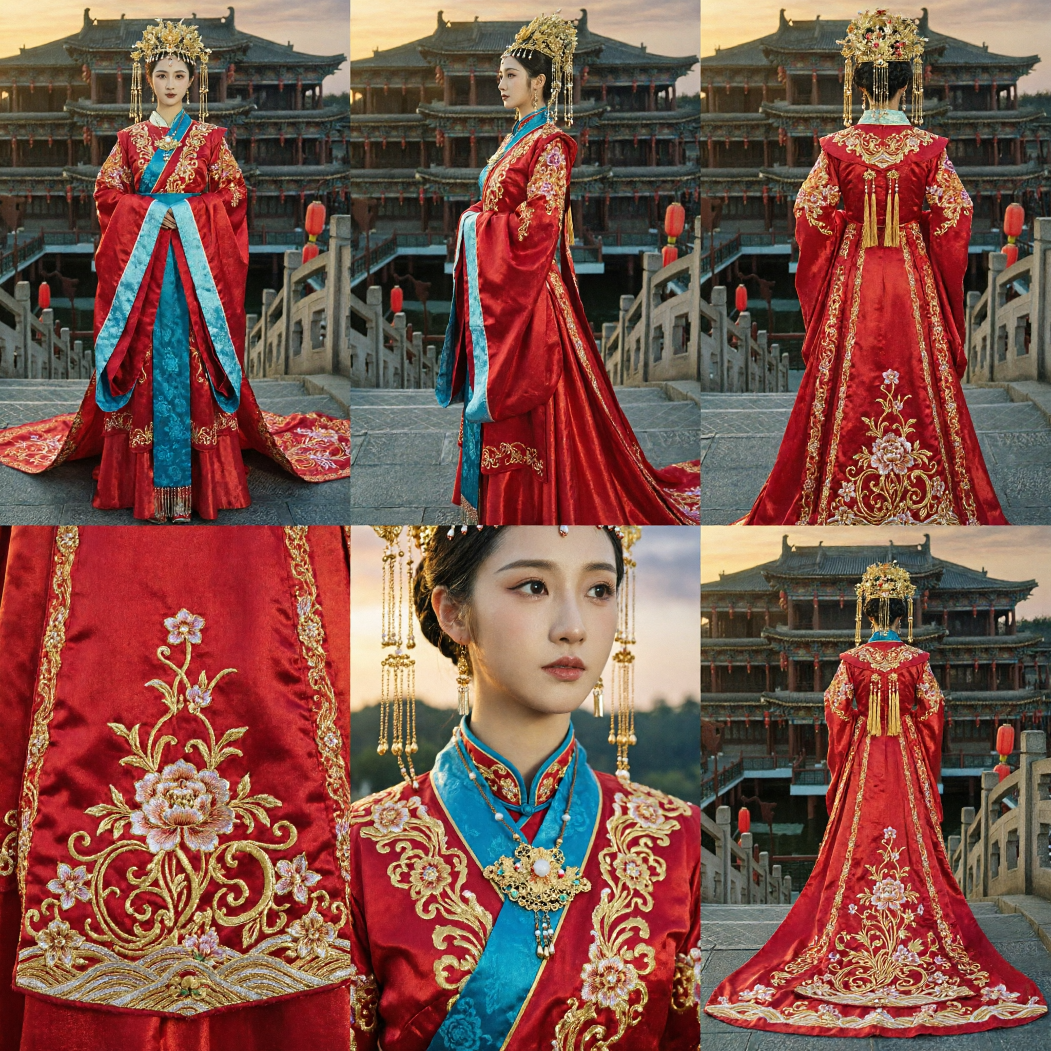 Traditional Chinese Wedding Dress Ancient Red Hanfu Costume for Bride with Gold Embroidery and Long Train