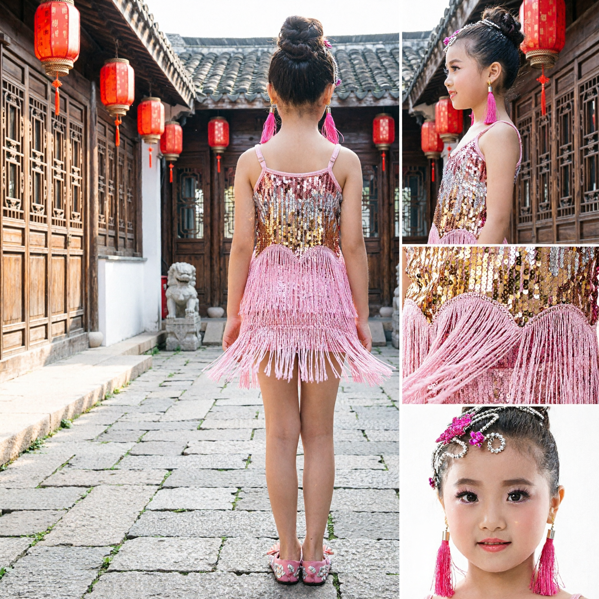 Girls Latin Dance Dress Kids Sequin Fringe Costume for Samba Tango Cha Cha Performance Stage