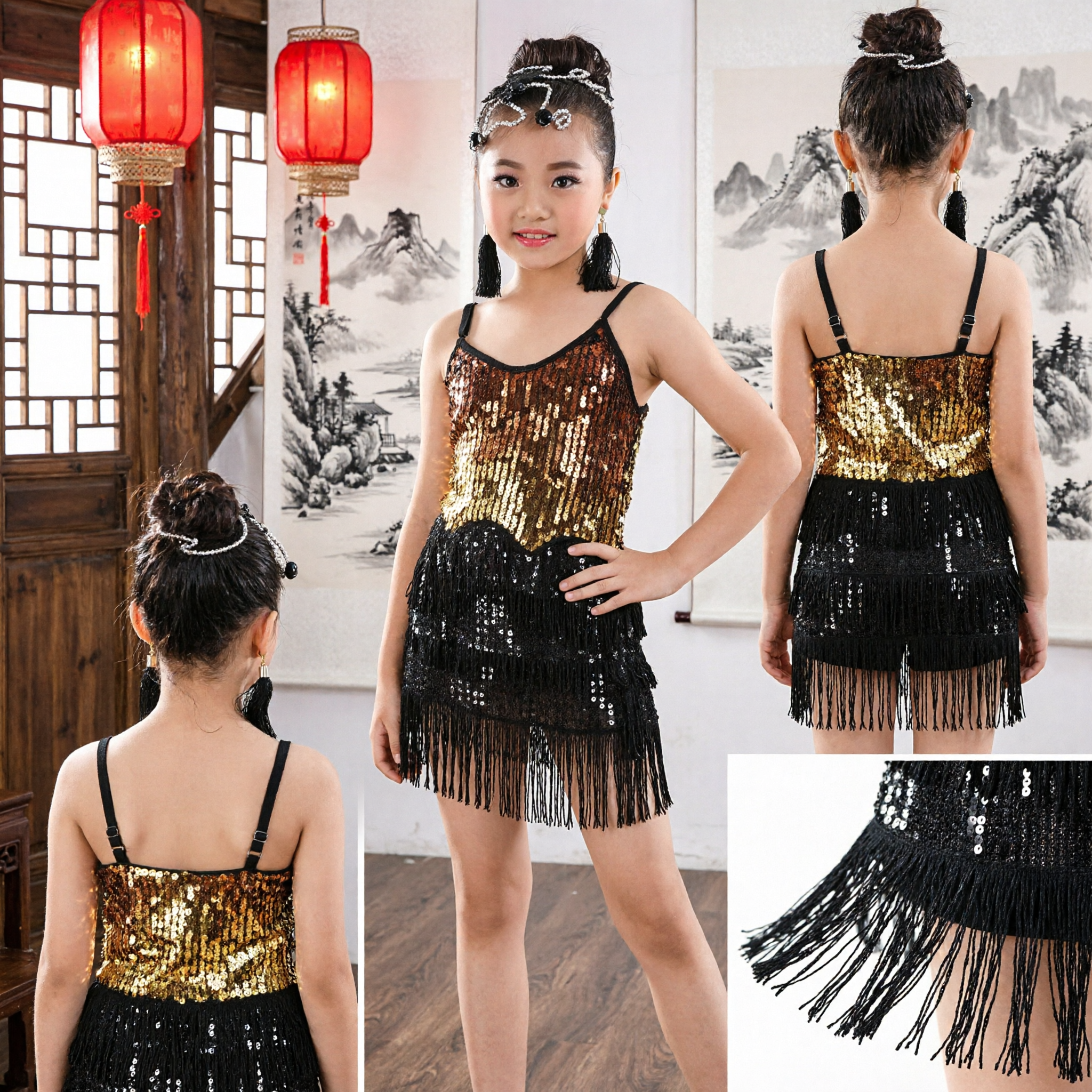 Girls Latin Dance Costume Sequin Tank Top Black Fringe Skirt Set for Kids Ballroom Salsa Performance