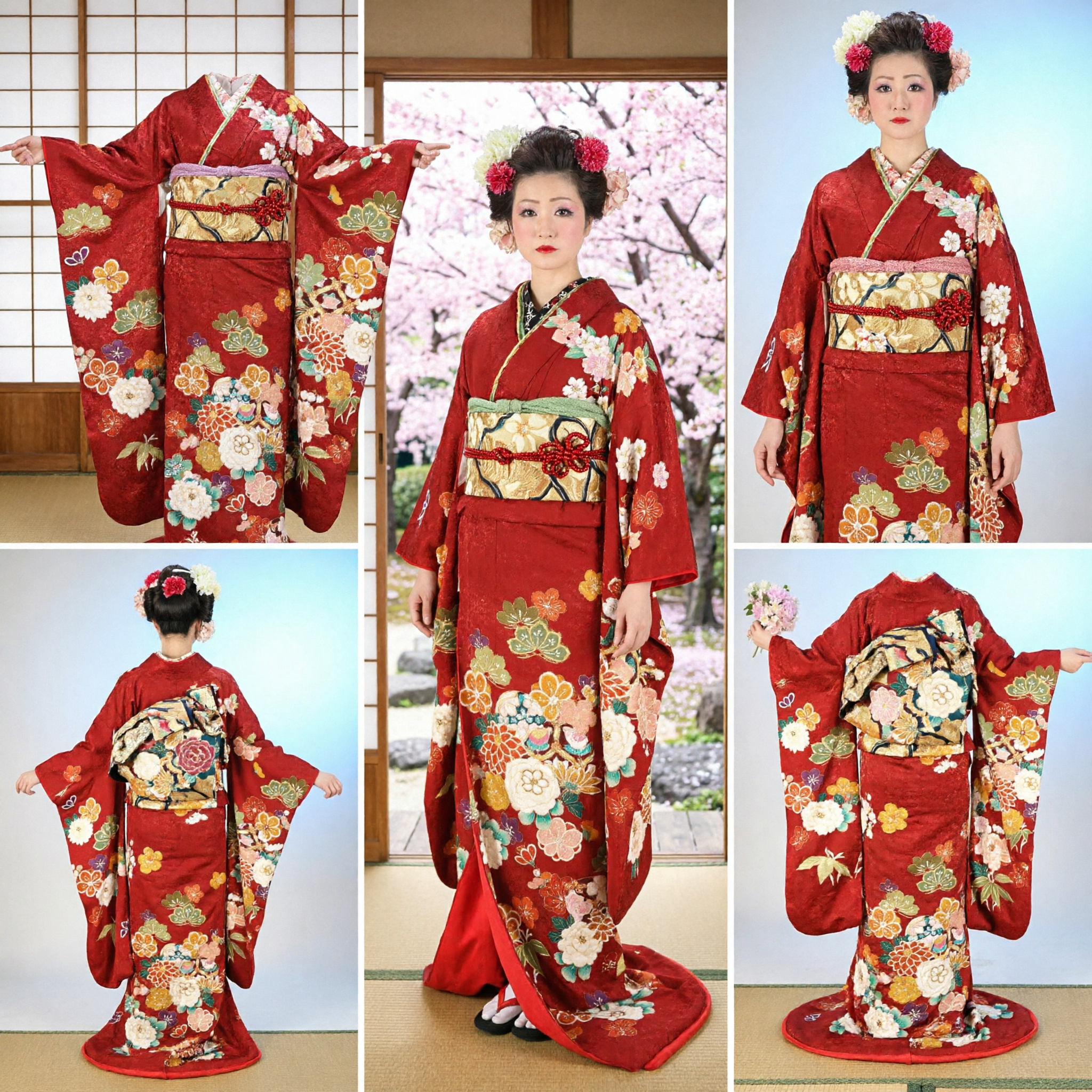 Traditional Japanese Red Kimono Full Set with Floral Pattern for Women Wedding and Formal Occasions