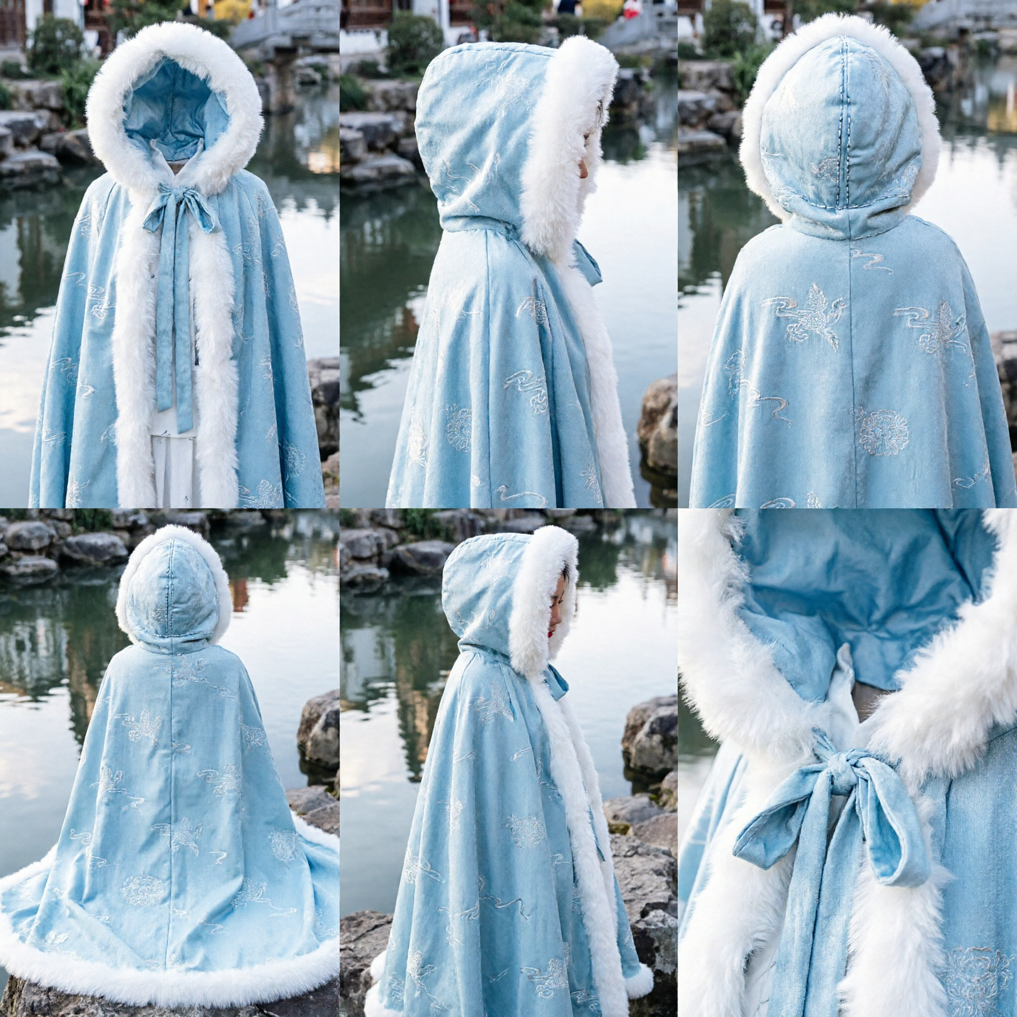 Traditional Chinese Hanfu Winter Cloak Light Blue Fur Hooded Cape Ancient Costume for Women Cosplay Events