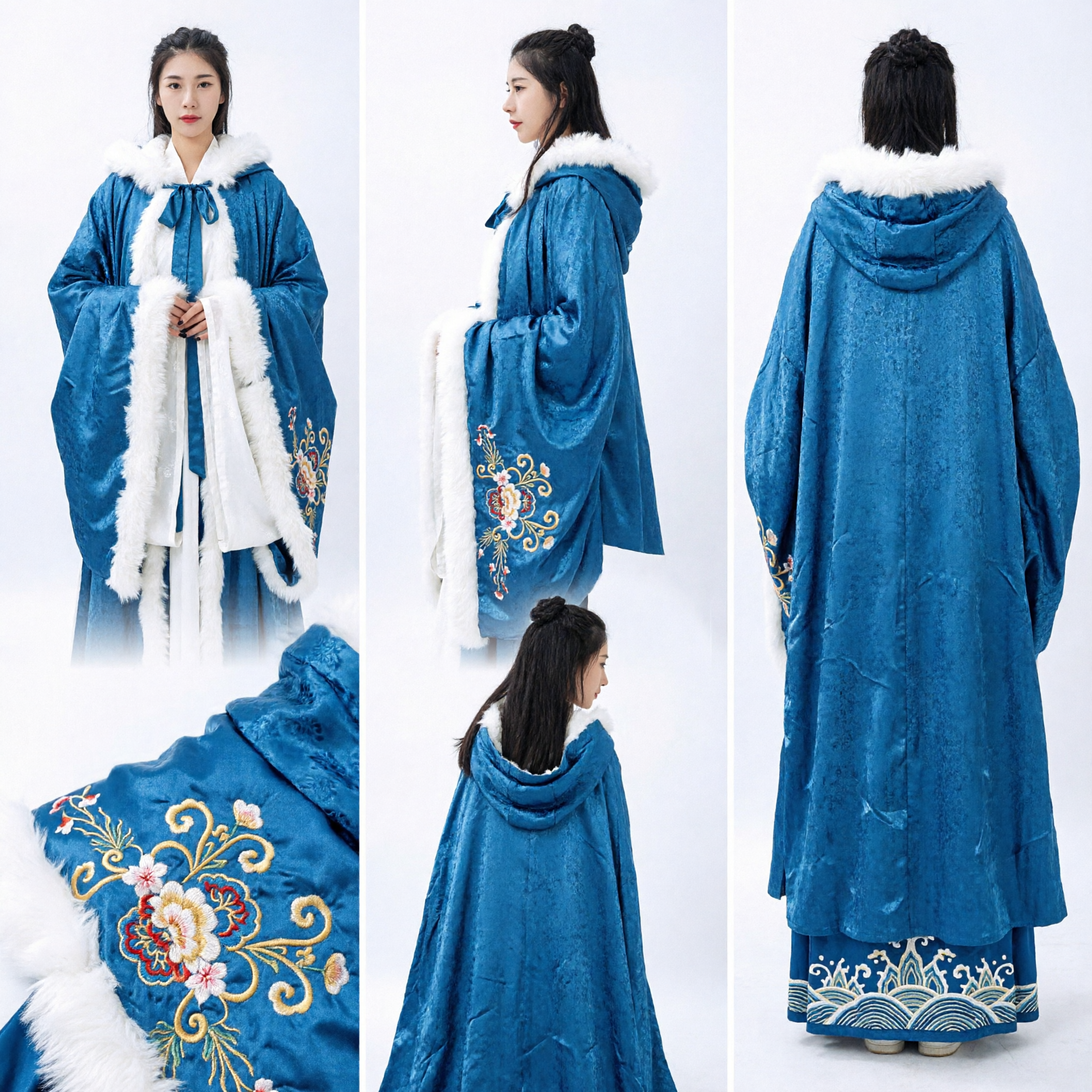 Women's Traditional Chinese Hanfu Winter Cloak Blue Brocade Cape with White Fur Trim for Cosplay
