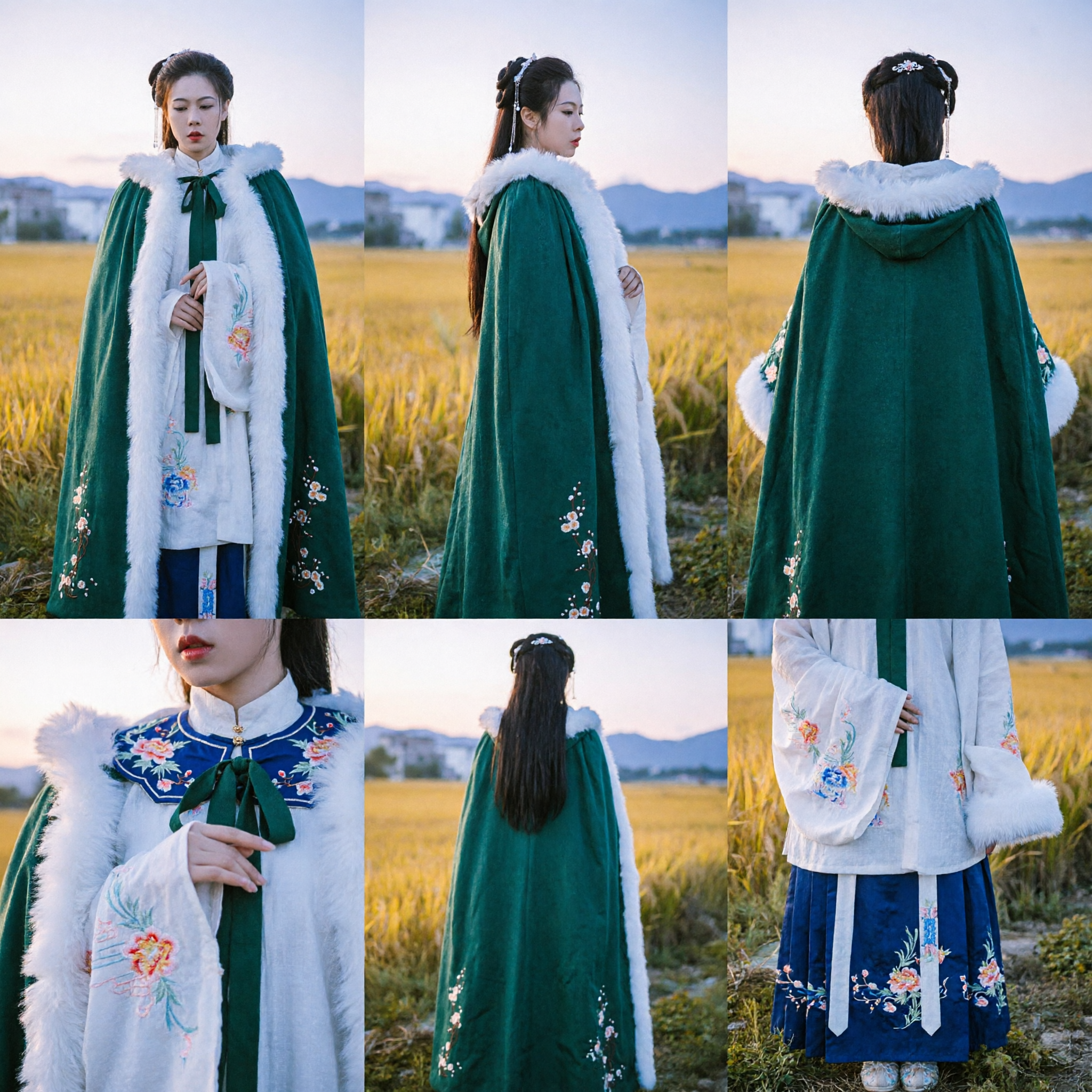 Ancient Chinese Style Hanfu Winter Cloak Emerald Green Cape with White Fur Trim and Embroidery for Women